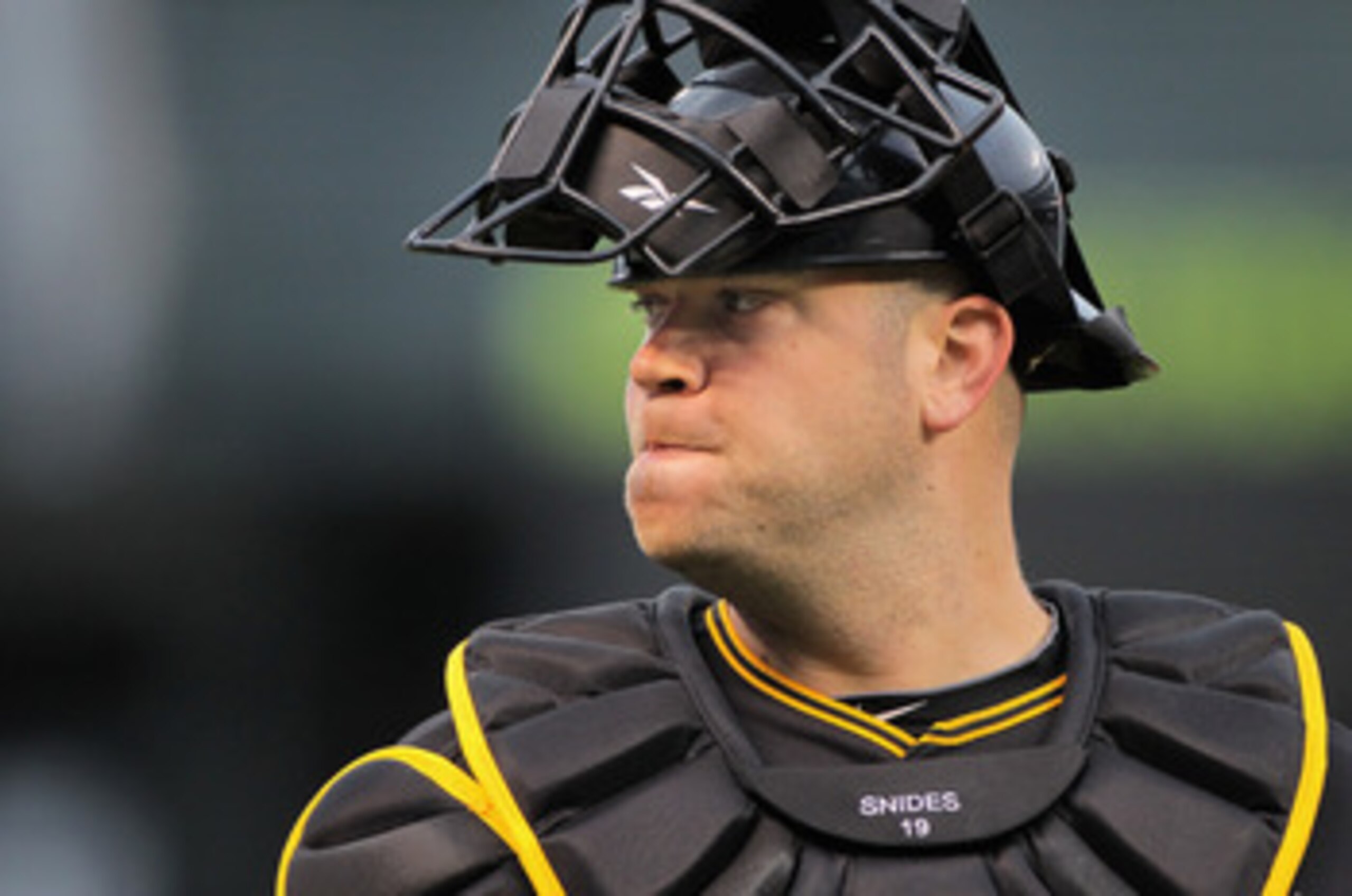 DENVER, CO - APRIL 29:  Catcher Chris Snyder #19 of the Pittsburgh Pirates looks on against the Colorado Rockies at Coors Field on April 29, 2011 in Denver, Colorado.  (Photo by Doug Pensinger/Getty Images)