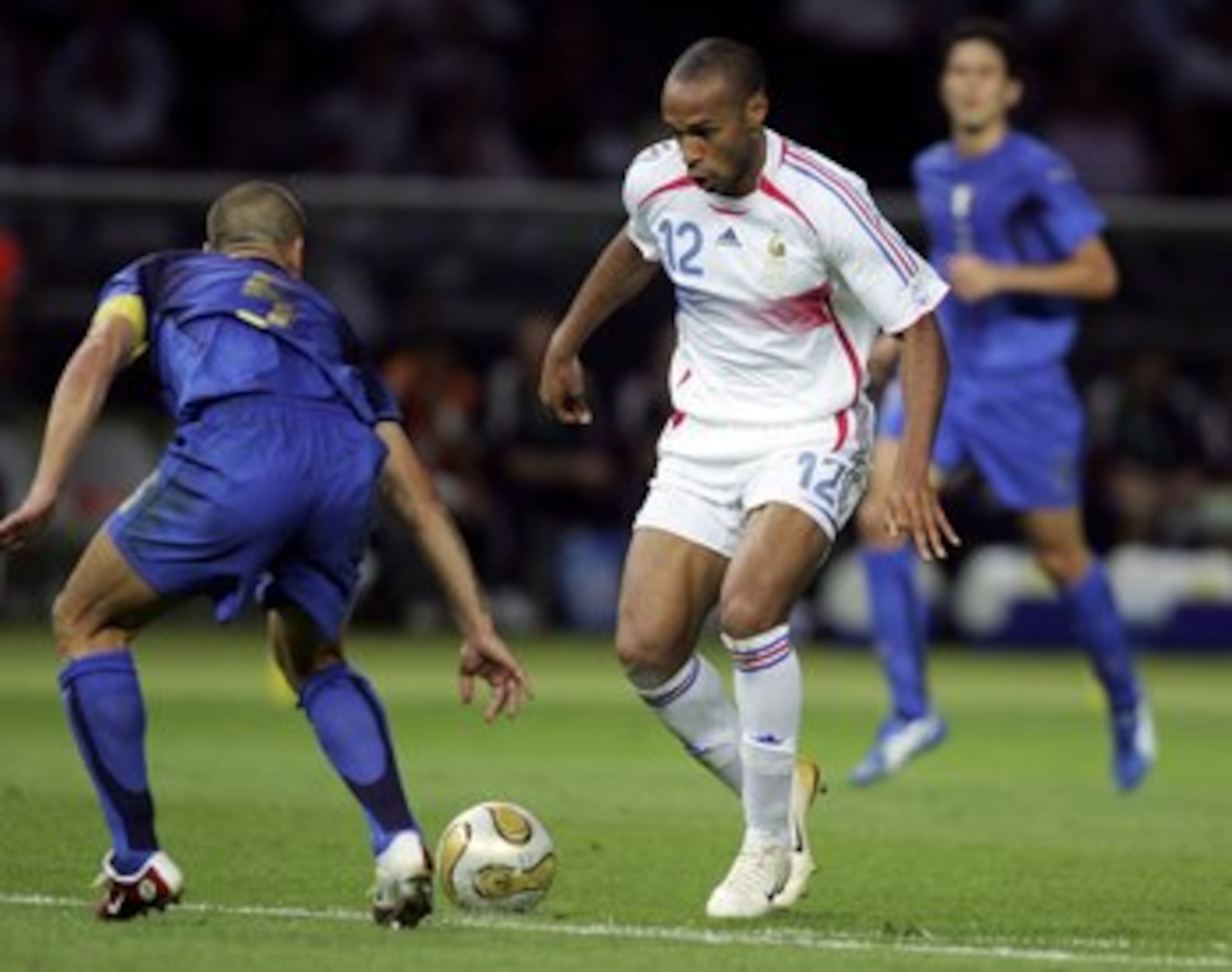 BERLIN - JULY 09: Thierry Henry (R) of France is challenged by Fabio Cannavaro of Italy during the FIFA World Cup Germany 2006 Final match between Italy and France at the Olympic Stadium on July 9, 2006 in Berlin, Germany.
(Photo by Ben Radford/Getty I BERLIN - JULY 09: Thierry Henry (R) of France is challenged by Fabio Cannavaro of Italy during the FIFA World Cup Germany 2006 Final match between Italy and France at the Olympic Stadium on July 9, 2006 in Berlin, Germany.
(Photo by Ben Radford/Getty I