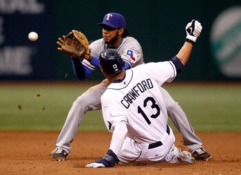 ST. PETERSBURG, FL - OCTOBER 06:  Outfielder Carl Crawford #13 of the Tampa Bay Rays steals second base as shortstop Elvis Andrus #1 of the Texas Rangers takes the throw during Game 1 of the ALDS at Tropicana Field on October 6, 2010 in St. Petersburg, Fl