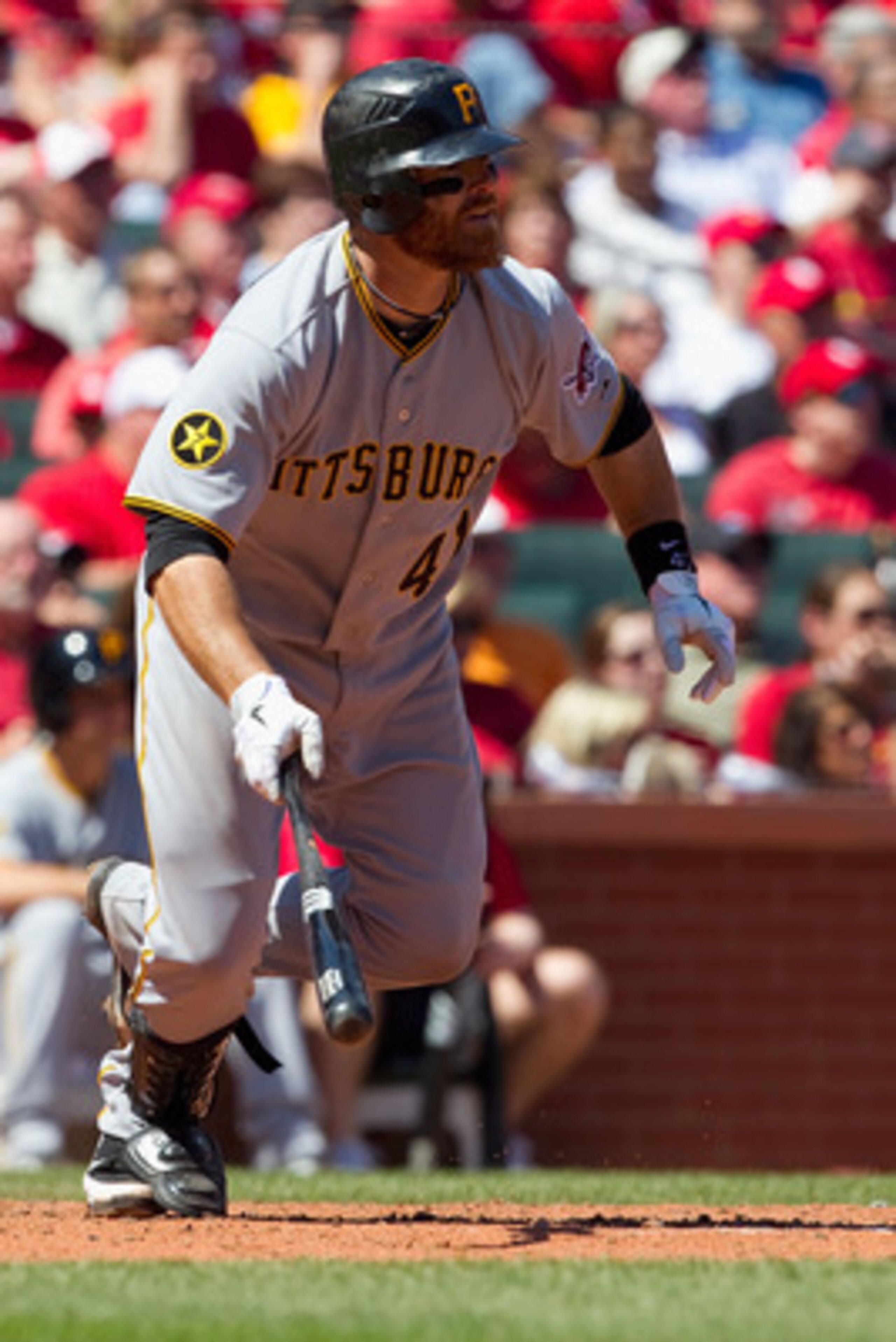 ST. LOUIS, MO - APRIL 6: Ryan Doumit #41 of the Pittsburgh Pirates hits an RBI single against the St. Louis Cardinals at Busch Stadium on April 6, 2011 in St. Louis, Missouri.  (Photo by Dilip Vishwanat/Getty Images)