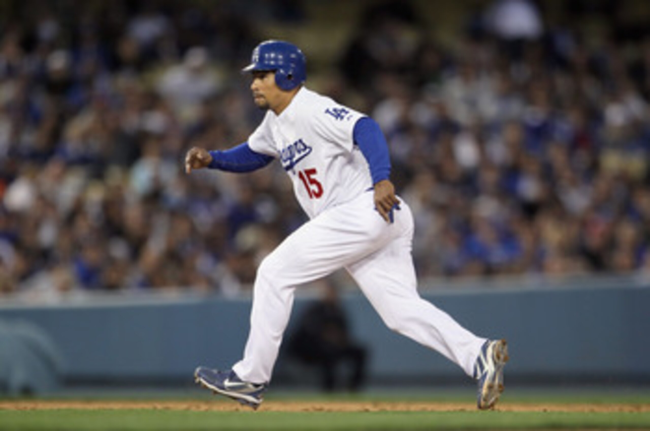 LOS ANGELES, CA - APRIL 03:  Rafael Furcal #15 of the Los Angeles Dodgers leads off of second base against the San Francisco Giants at Dodger Stadium on April 3, 2011 in Los Angeles, California.  (Photo by Jeff Gross/Getty Images)