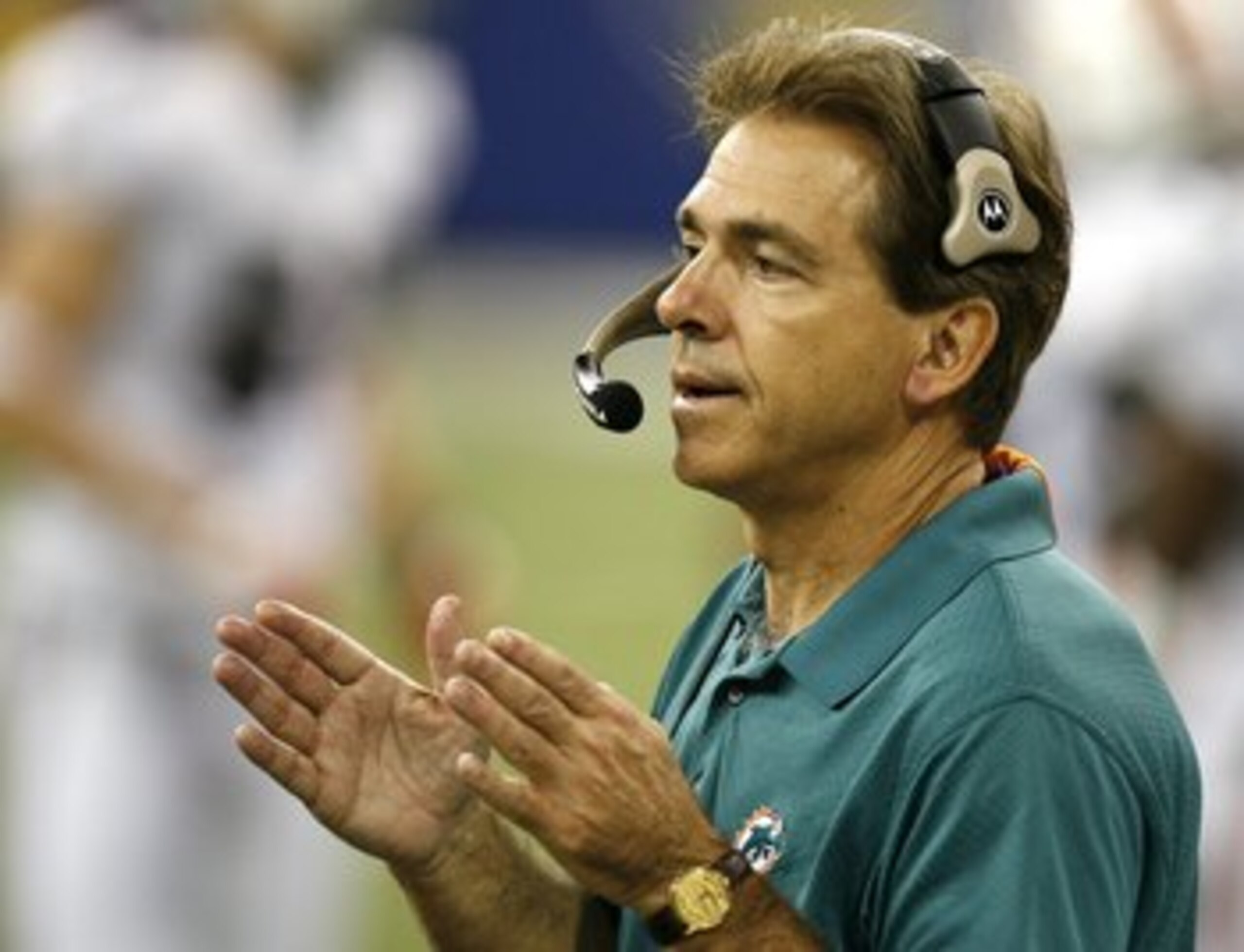INDIANAPOLIS - DECEMBER 31:  Nick Saban head coach of the Miami Dolphins looks on during a game against the Indianapolis Colts at the RCA Dome December 31, 2006 in Indianapolis, Indiana. Indianapolis won the game 27-22.  (Photo by Gregory Shamus/Getty Ima
