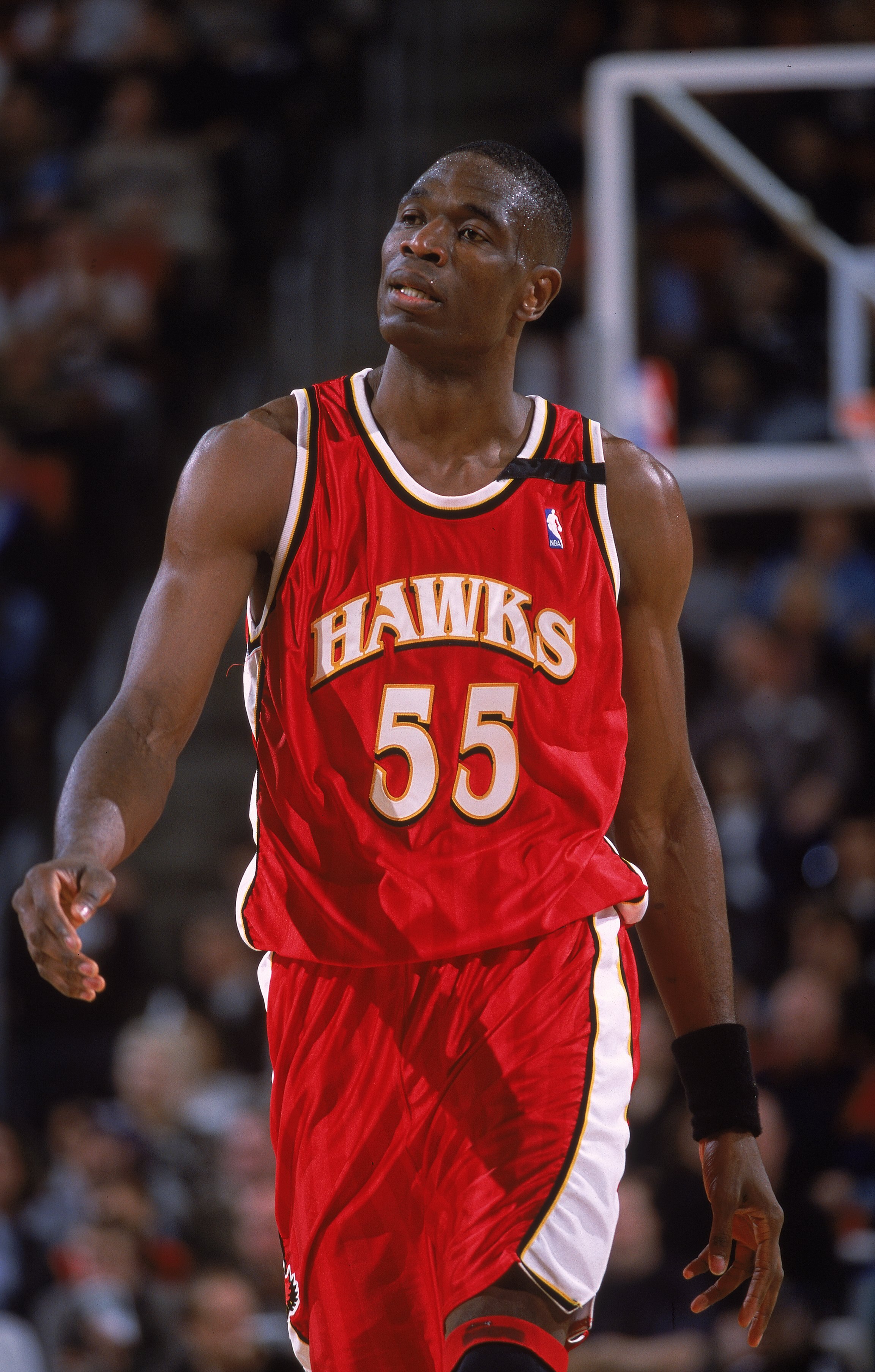 17 Feb 2001:  Dikembe Mutombo #55 of the Seattle SuperSonics walks on the court during the game against the Atlanta Hawks at Key Arena in Seattle, Washington.  The Hawks defeated the SuperSonics 101-94.    NOTE TO USER: It is expressly understood that the