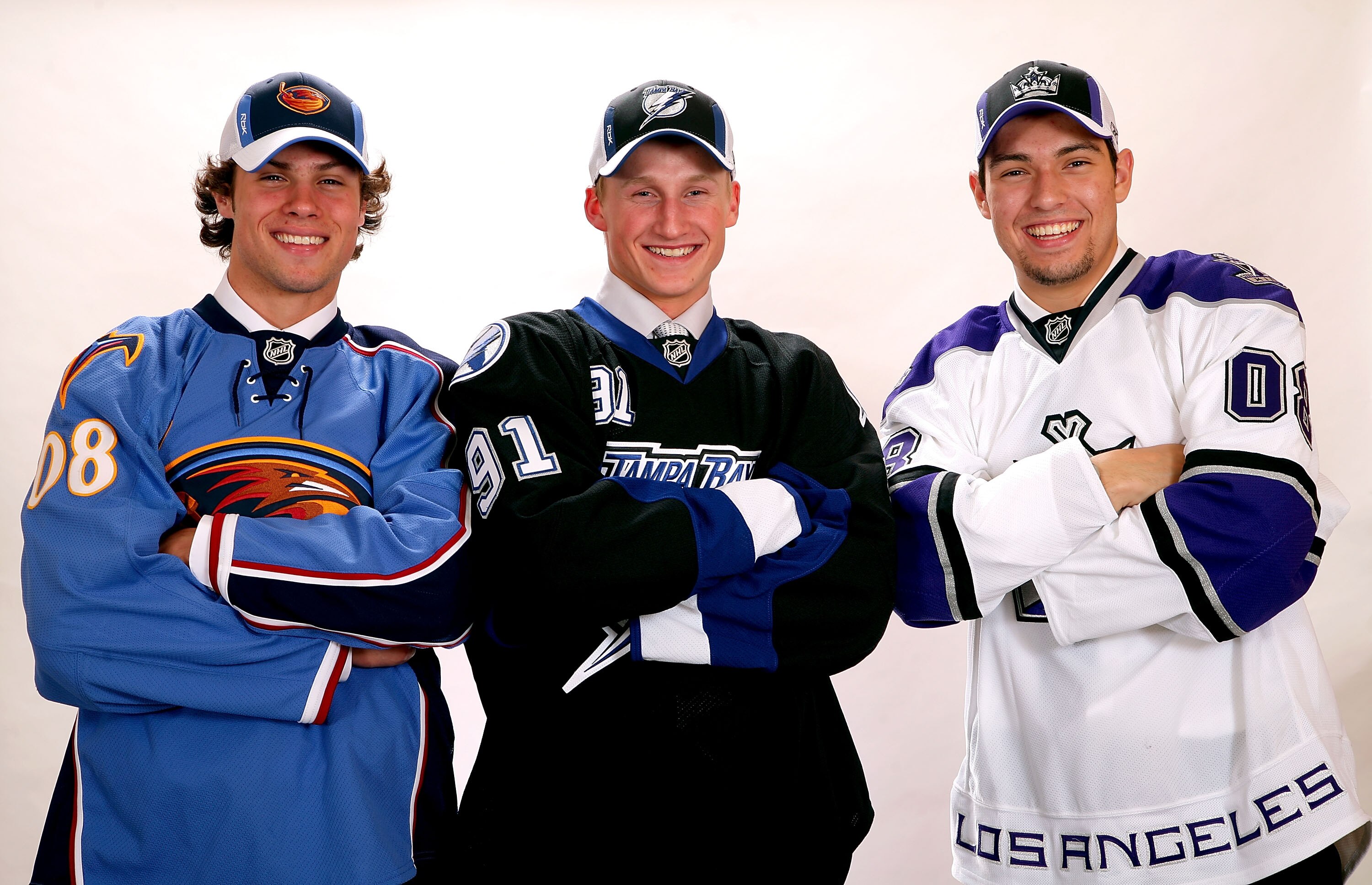 OTTAWA, ON - JUNE 20:  (L-R) Third overall pick Zach Bogosian of the Atlanta Thrashers, first overall pick Steven Stamkos of the Tampa Bay Lightning and second overall pick Drew Doughty of the Los Angeles Kings pose for a photograph after being selected i