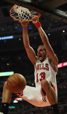 CHICAGO, IL - MAY 02: Joakim Noah #13 of the Chicago Bulls dunks the ball against the Atlanta Hawks in Game One of the Eastern Conference Semifinals in the 2011 NBA Playoffs at the United Center on May 2, 2011 in Chicago, Illinois. The Hawks defeated the 