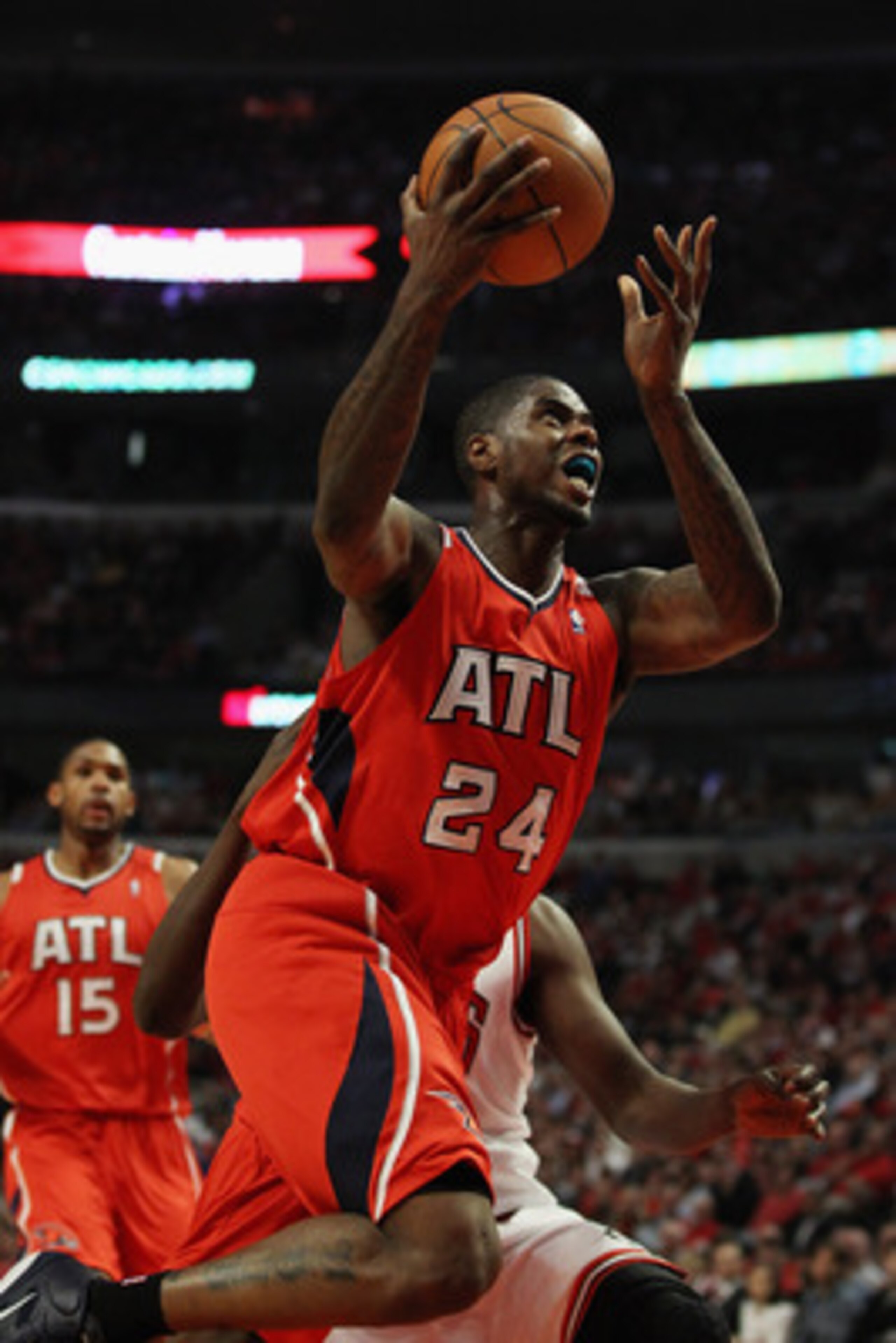 CHICAGO, IL - MAY 04: Marvin Williams #24 of the Atlanta Hawks drives to the basket against the Chicago Bulls in Game Two of the Eastern Conference Semifinals in the 2011 NBA Playoffs at the United Center on May 4, 2011 in Chicago, Illinois. NOTE TO USER: