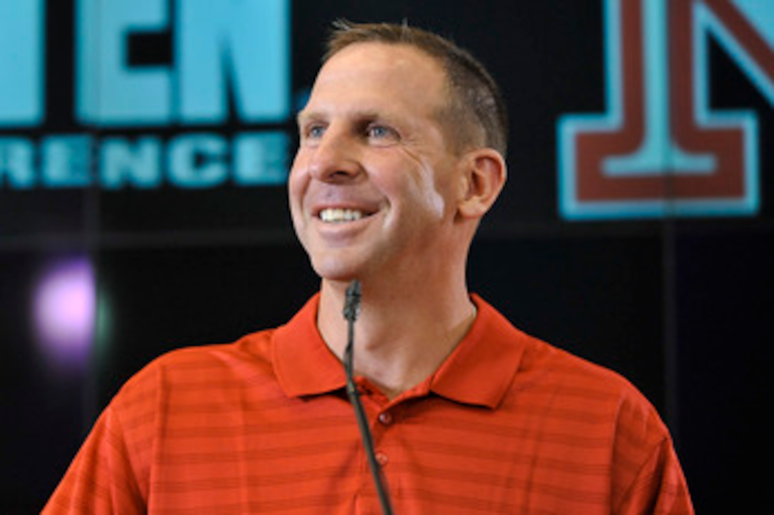 LINCOLN, NE. - JUNE 11:  University of Nebraska football coach Bo Pelini jokes with members of the media at a press conference announcing Nebraska accepting an invitation to join the Big Ten Conference June 11, 2010  in Lincoln, Nebraska.  The university 