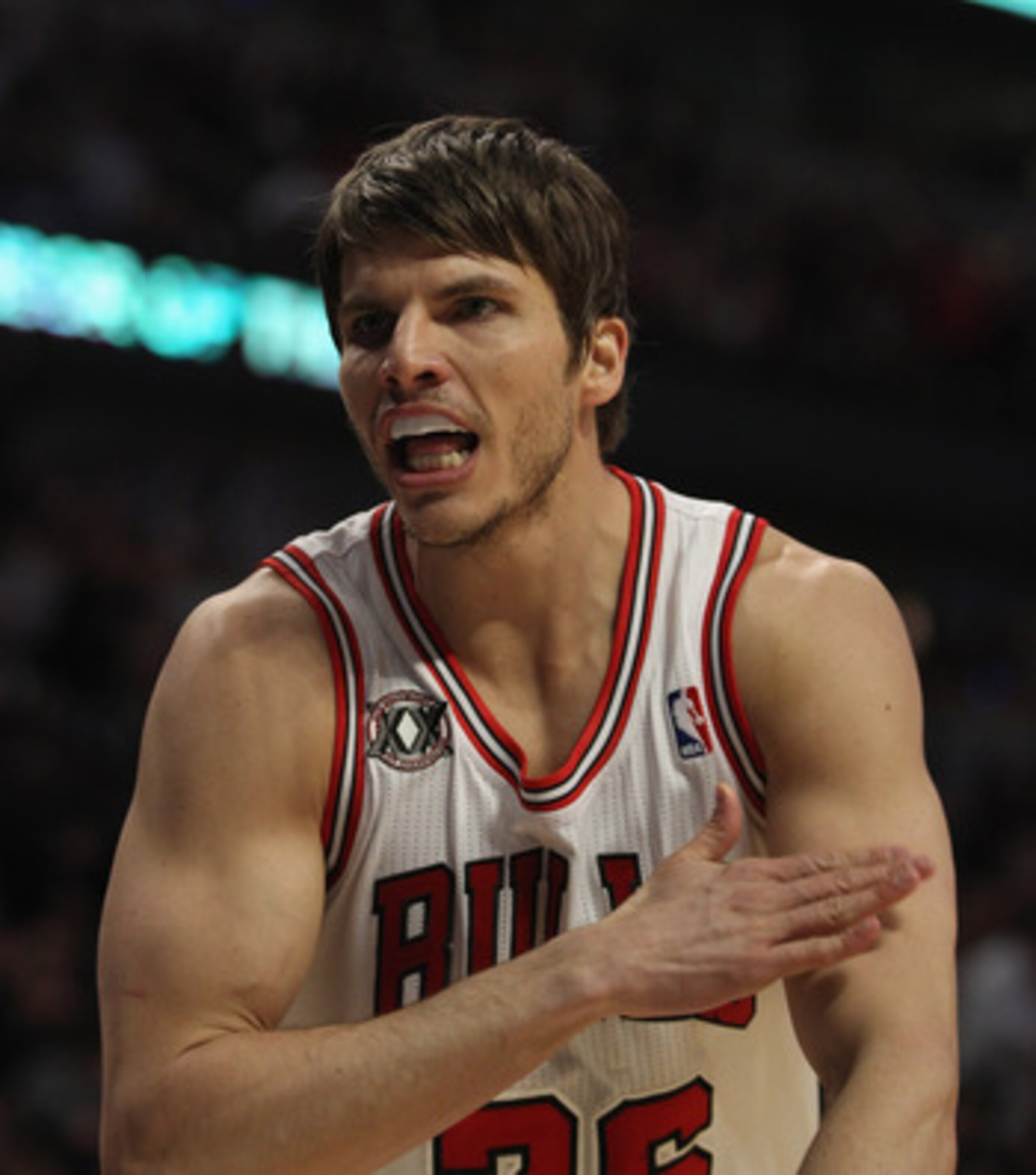 CHICAGO, IL - APRIL 13: Kyle Korver #26 of the Chicago Bulls tries to get a referee to make a three-point call after a shot against the New Jersey Nets at the United Center on April 13, 2011 in Chicago, Illinois. The Bulls defeated the Nets 97-92. NOTE TO