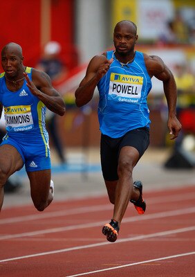 GATESHEAD, ENGLAND - JULY 10:  Asafa Powell of Jamaica in action in the mens 100 metres semi final during the Aviva British Grand Prix at Gateshead International Stadium on July 10, 2010 in Gateshead, England.  (Photo by Stu Forster/Getty Images)