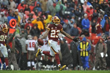 LANDOVER, MD - DECEMBER 12:  DeAngelo Hall #23 of the Washington Redskins celebrates a fumble recovery against the Tampa Bay Buccaneers  at FedExField on December 12, 2010 in Landover, Maryland. The Buccaneers defeated the Redskins 17-16. (Photo by Larry