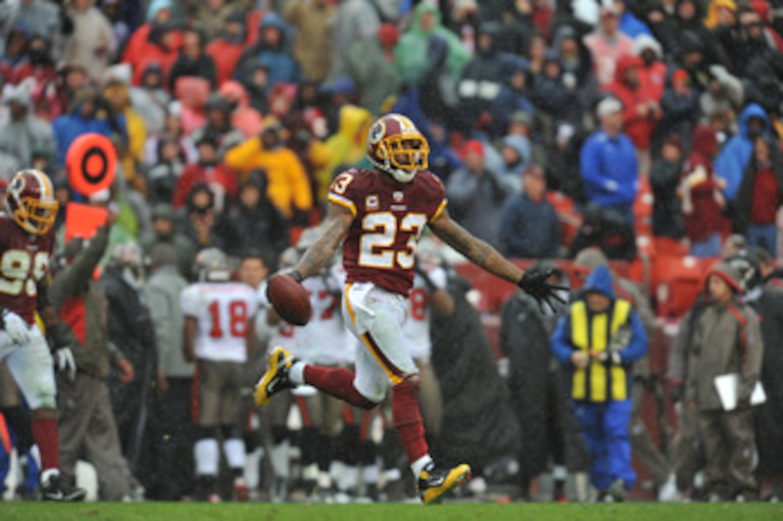LANDOVER, MD - DECEMBER 12: DeAngelo Hall #23 of the Washington Redskins celebrates a fumble recovery against the Tampa Bay Buccaneers at FedExField on December 12, 2010 in Landover, Maryland. The Buccaneers defeated the Redskins 17-16. (Photo by Larry LANDOVER, MD - DECEMBER 12: DeAngelo Hall #23 of the Washington Redskins celebrates a fumble recovery against the Tampa Bay Buccaneers at FedExField on December 12, 2010 in Landover, Maryland. The Buccaneers defeated the Redskins 17-16. (Photo by Larry