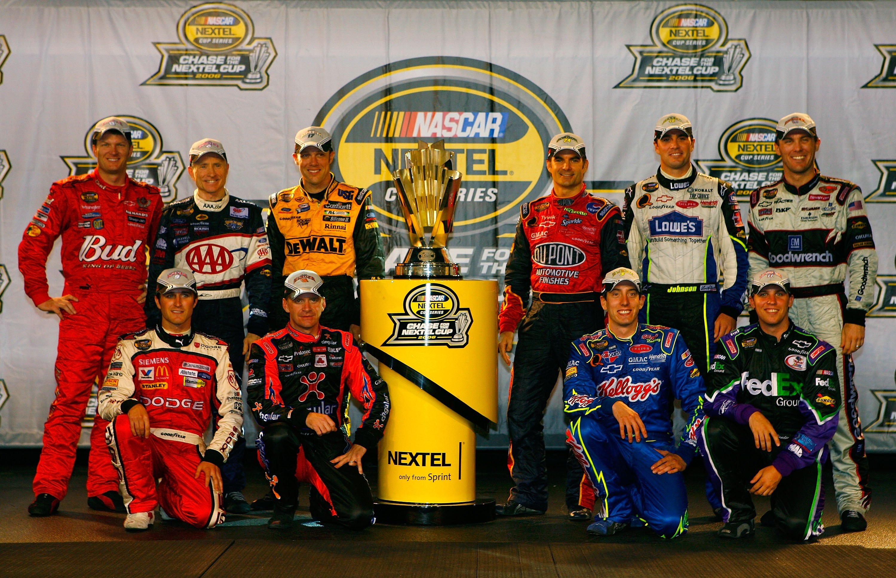 RICHMOND, VA - SEPTEMBER 09:  A group picture of the 10 drivers that made the chase for the Nextel Cup Championship.  (Back Row L-R) Dale Earnhardt Jr., Mark Martin, Matt Kenseth, Jeff Gordon, Jimmie Johnson, Kevin Harvick, (Bottom Row L-R) KAsey Kahne, J