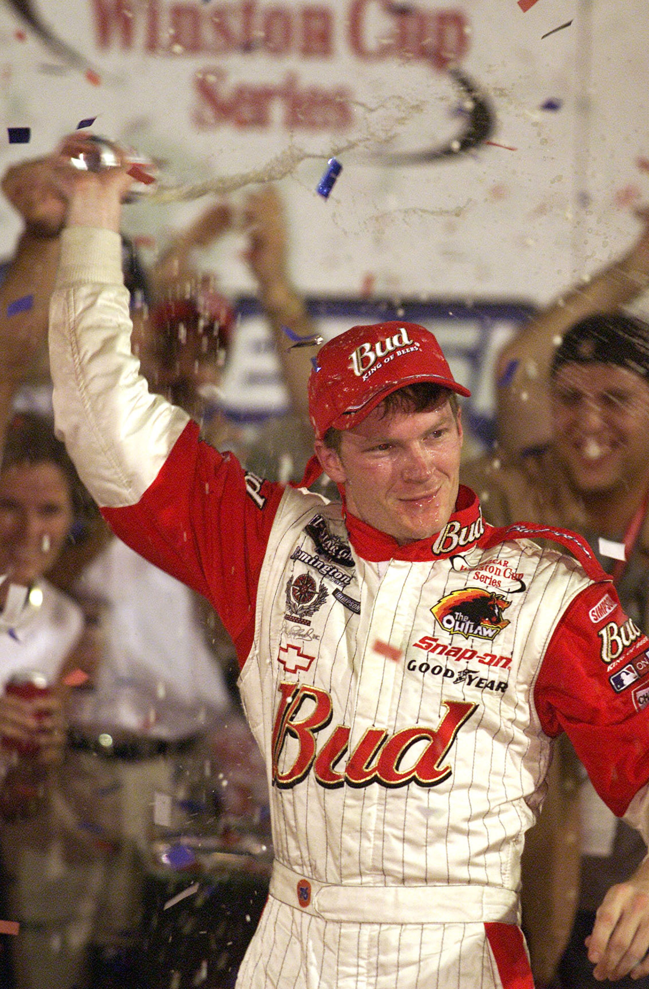 7 Jul 2001: Dale Earnhardt Jr. celebrates after winning  the NASCAR Winston Cup Pepsi 400 at the Daytona International Speedway, Daytona, Florida. Digital Image. Mandatory Credit: Donald Miralle/ALLSPORT