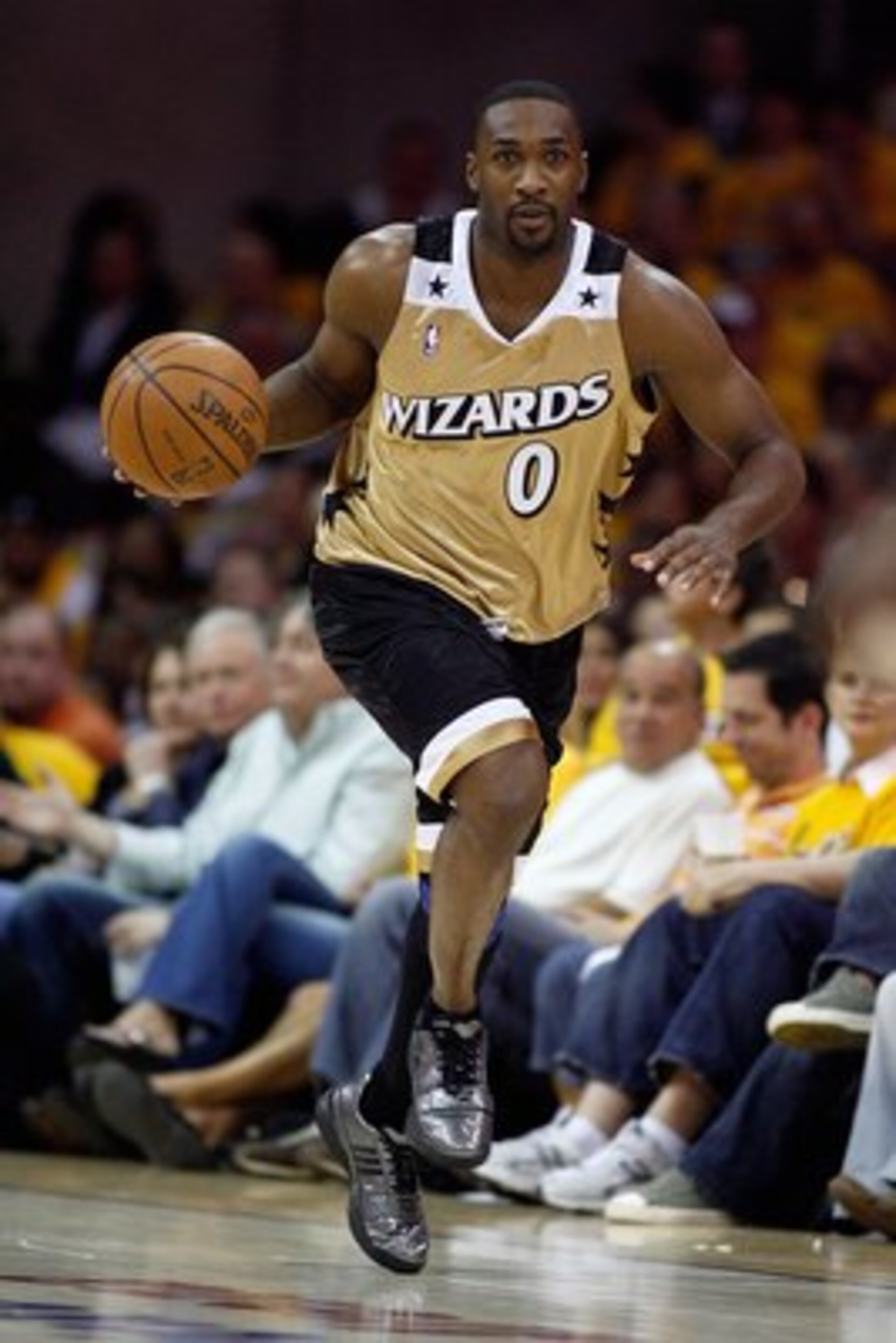 CLEVELAND - APRIL 19:  Gilbert Arenas #0 of the Washington Wizards drives the ball upcourt in the game against the Cleveland Cavaliers in Game One of the Eastern Conference Quarterfinals during the 2008 NBA Playoffs on April 19, 2008 at Quicken Loans Aren