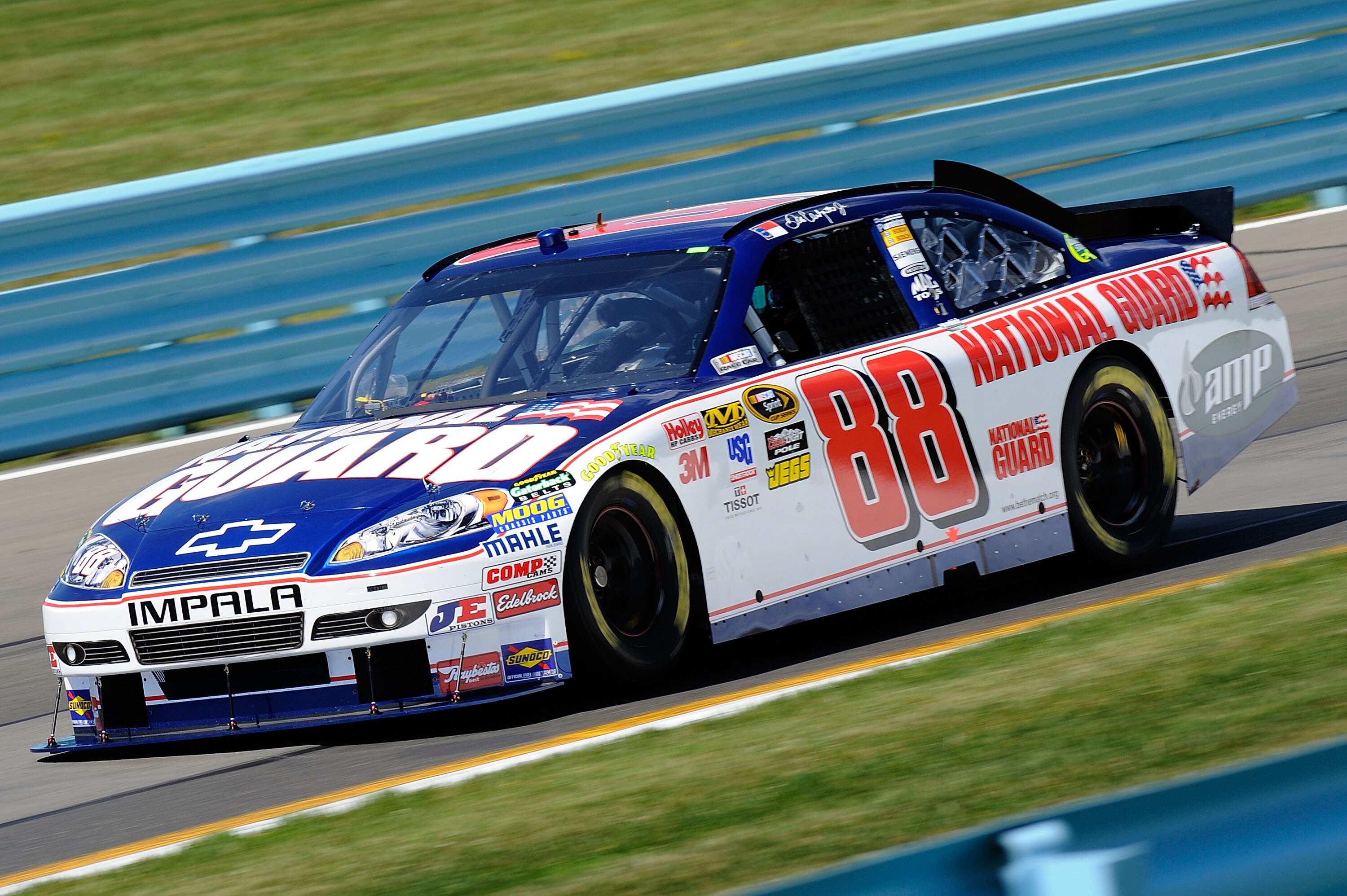 WATKINS GLEN, NY - AUGUST 06:  Dale Earnhardt Jr., drives the #88 AMP Energy/National Guard Chevrolet, during practice for the NASCAR Heluva Good! Sour Cream Dips at The Glen on August 6, 2010 in Watkins Glen, New York.  (Photo by John Harrelson/Getty Ima