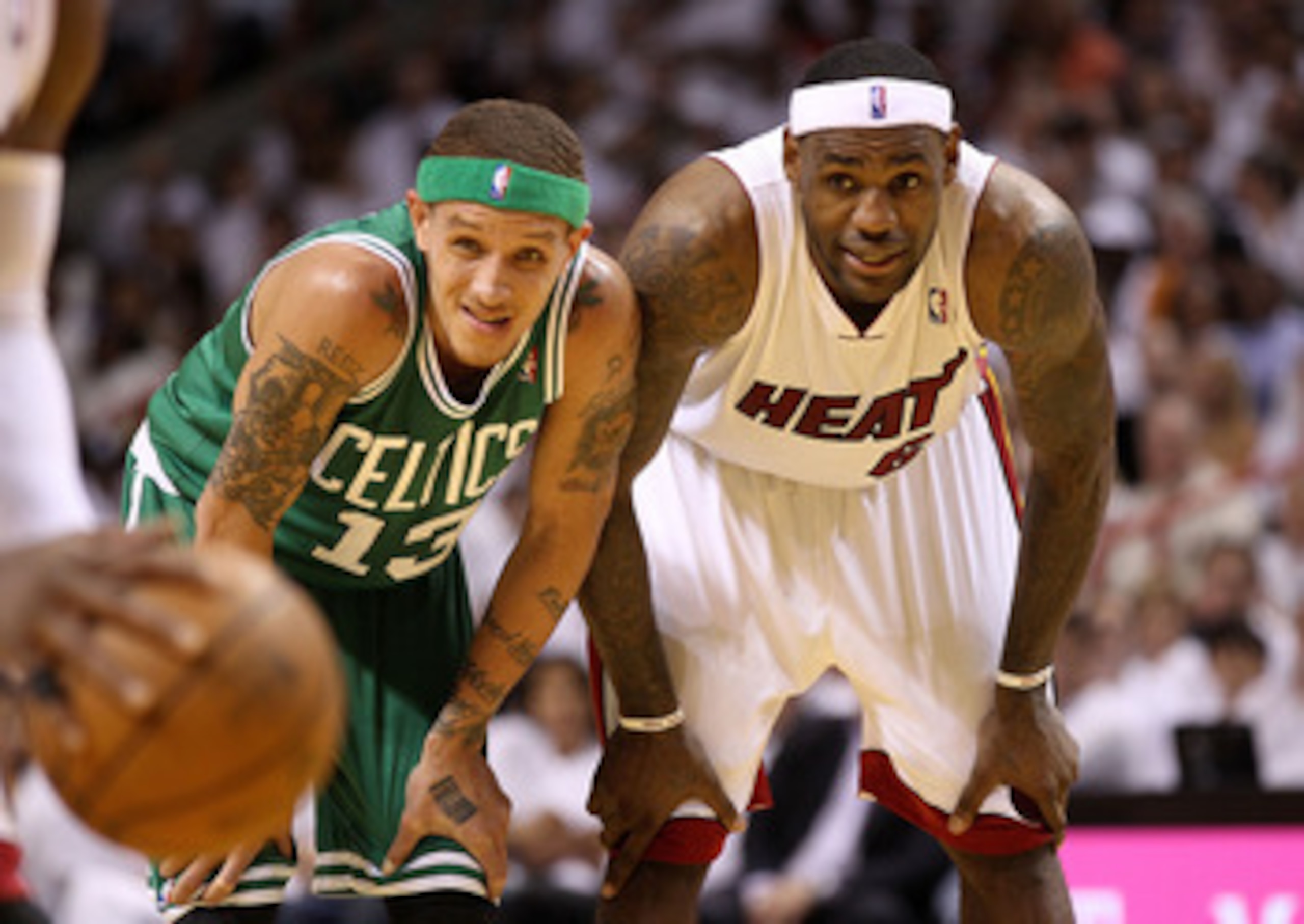 MIAMI, FL - MAY 03: LeBron James #6 of the Miami Heat talks with Delonte West #13 of the Boston Celtics during Game Two of the Eastern Conference Semifinals of the 2011 NBA Playoffs at American Airlines Arena on May 3, 2011 in Miami, Florida. NOTE TO US MIAMI, FL - MAY 03: LeBron James #6 of the Miami Heat talks with Delonte West #13 of the Boston Celtics during Game Two of the Eastern Conference Semifinals of the 2011 NBA Playoffs at American Airlines Arena on May 3, 2011 in Miami, Florida. NOTE TO US