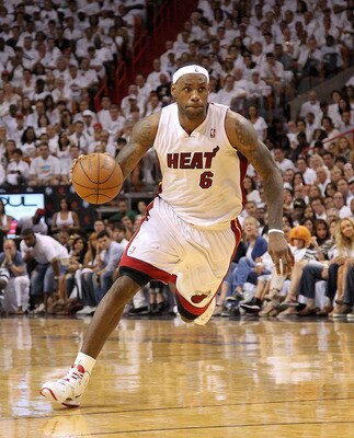 MIAMI, FL - MAY 01:  LeBron James #6 of the Miami Heat drives to the lane during Game One of the Eastern Conference Semifinals of the 2011 NBA Playoffs against the Boston Celtics at American Airlines Arena on May 1, 2011 in Miami, Florida. NOTE TO USER: U