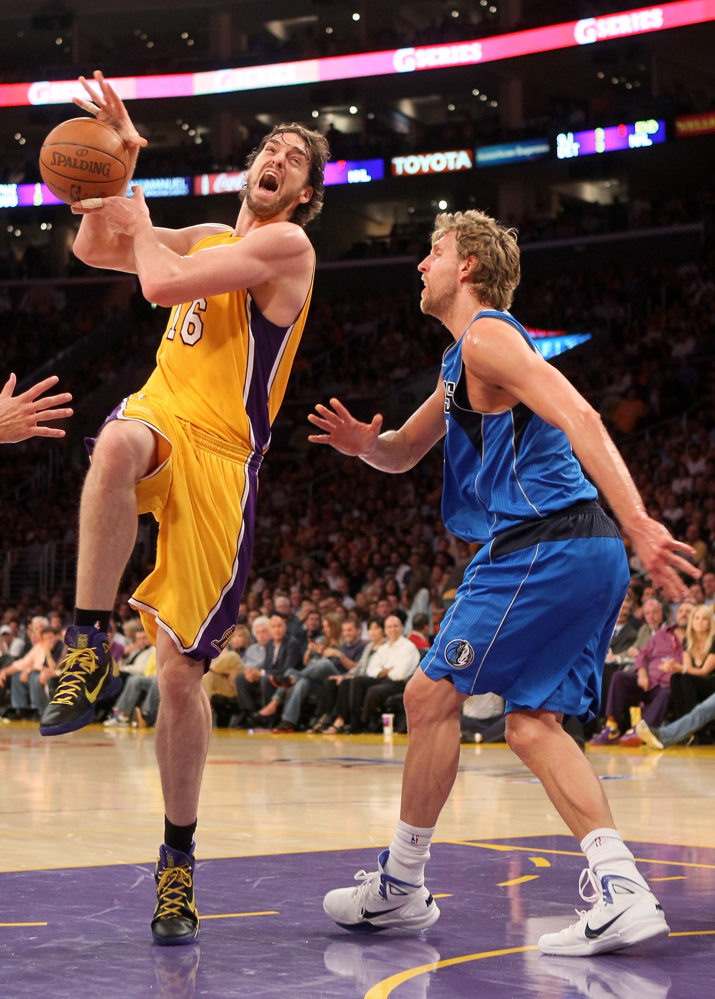 LOS ANGELES, CA - MAY 04:  Pau Gasol #16 of the Los Angeles Lakers goes up for a shot against Dirk Nowitzki #41 of the Dallas Mavericks in the first quarter in Game Two of the Western Conference Semifinals in the 2011 NBA Playoffs at Staples Center on May