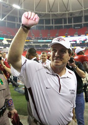 ATLANTA, GA - DECEMBER 31: Head coach Jimbo Fisher of the Florida State Seminoles sideline reacts after their 26-17 win over the South Carolina Gamecocks during the 2010 Chick-fil-A Bowl at Georgia Dome on December 31, 2010 in Atlanta, Georgia. (Photo b ATLANTA, GA - DECEMBER 31: Head coach Jimbo Fisher of the Florida State Seminoles sideline reacts after their 26-17 win over the South Carolina Gamecocks during the 2010 Chick-fil-A Bowl at Georgia Dome on December 31, 2010 in Atlanta, Georgia. (Photo b