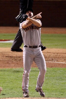 ARLINGTON, TX - NOVEMBER 01:  Brian Wilson #38 of the San Francisco Giants celebrates striking out Nelson Cruz #17 of the Texas Rangers (not pictured) to win the 2010 MLB World Series 3-1 at Rangers Ballpark in Arlington on November 1, 2010 in Arlington,