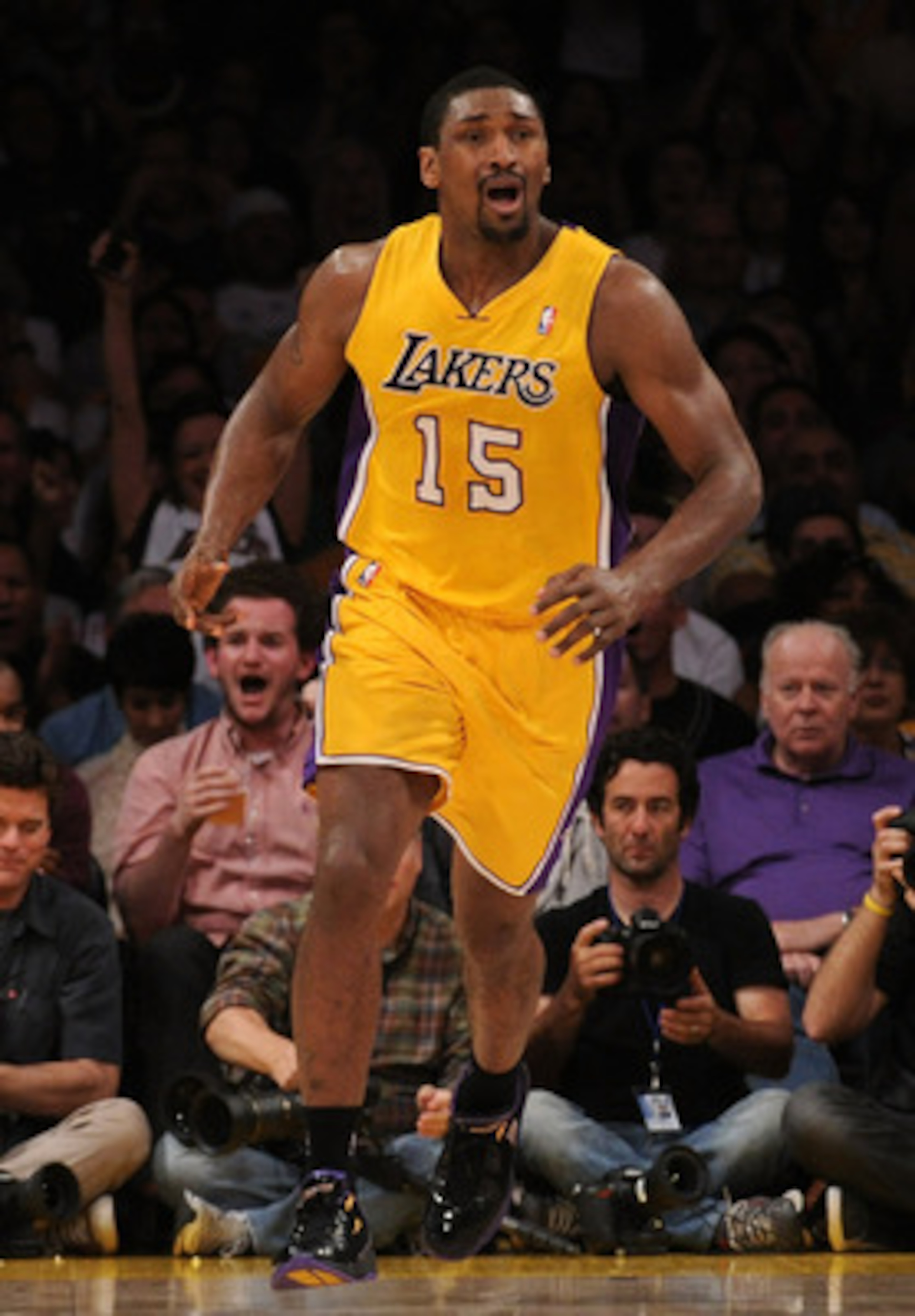 LOS ANGELES, CA - APRIL 26: Ron Artest #15 of the Los Angeles Lakers reacts in the second half while taking on the New Orleans Hornets in Game Five of the Western Conference Quarterfinals in the 2011 NBA Playoffs on April 26, 2011 at Staples Center in Lo LOS ANGELES, CA - APRIL 26: Ron Artest #15 of the Los Angeles Lakers reacts in the second half while taking on the New Orleans Hornets in Game Five of the Western Conference Quarterfinals in the 2011 NBA Playoffs on April 26, 2011 at Staples Center in Lo