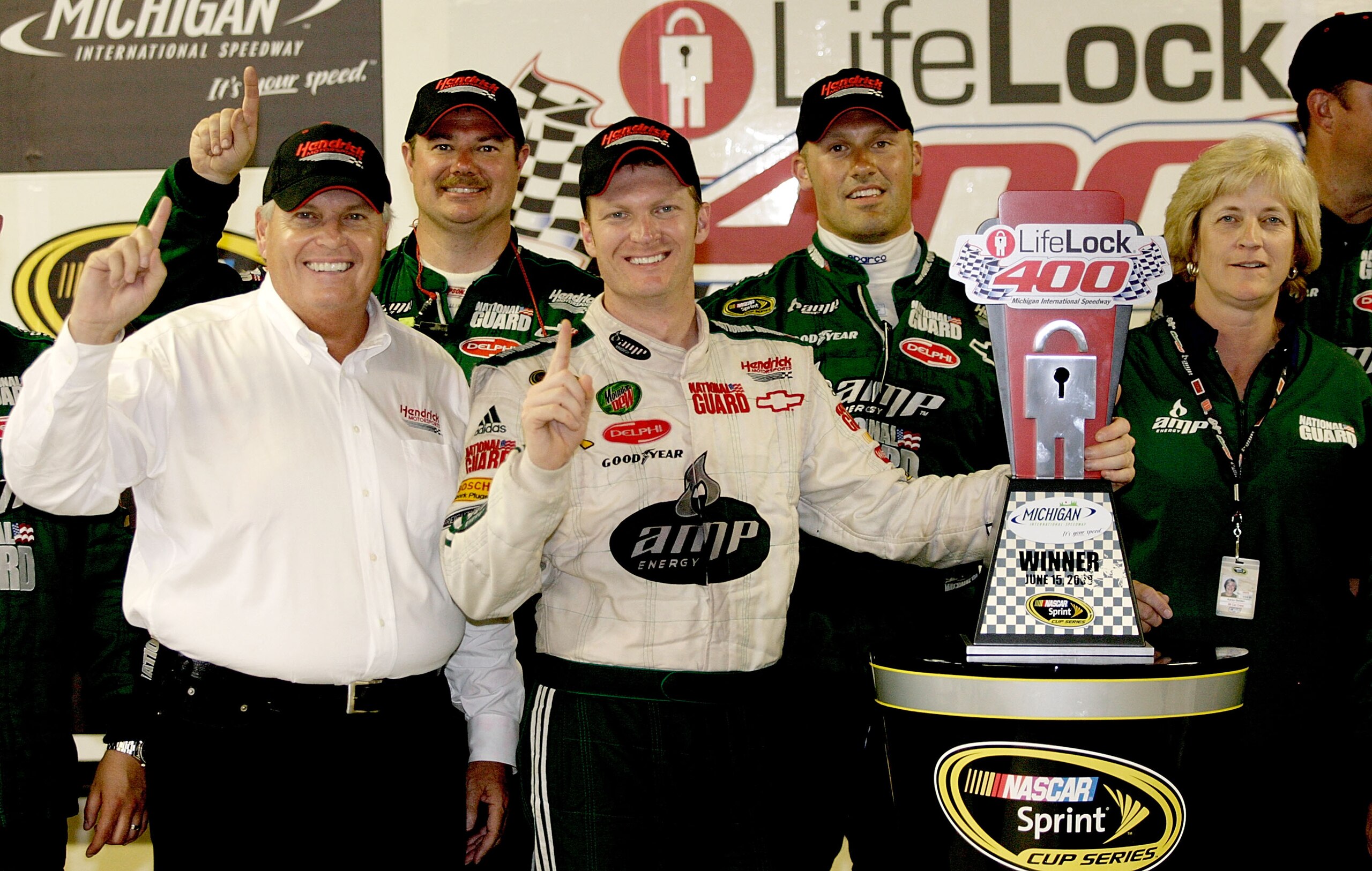 BROOKLYN, MI - JUNE 15:  Dale Earnhardt Jr., driver of the #88 National Guard/AMP Energy Chevrolet celebrates in Victory Lane after winning the NASCAR Sprint Cup Series Lifelock 400 at the Michigan International Speedway on June 15, 2008 in Brooklyn, Mich