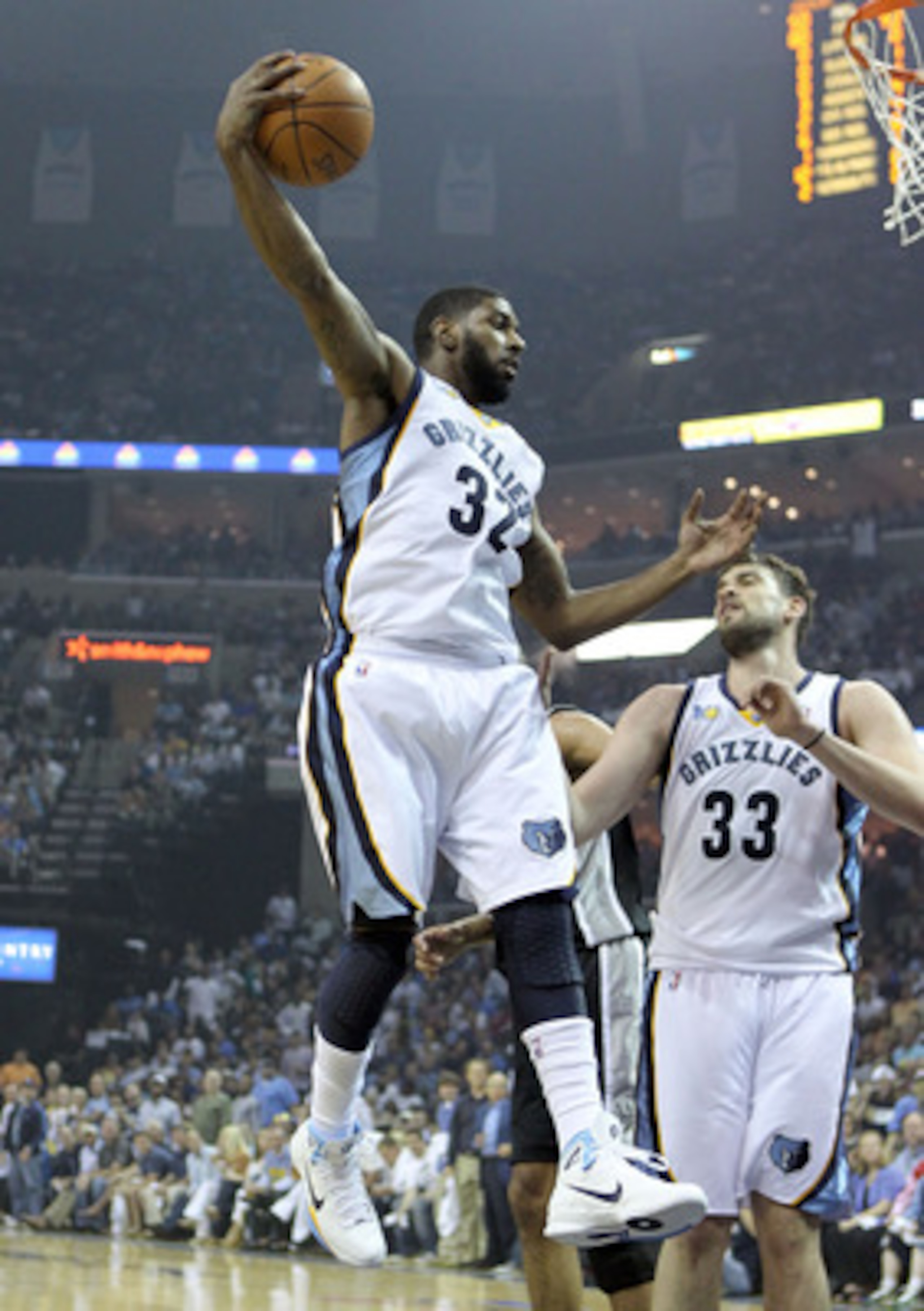 MEMPHIS, TN - APRIL 23:  O.J. Mayo #32 of the  Memphis Grizzles grabs a rebound during the game against the San Antonio Spurs in Game three of the Western Conference Quarterfinals in the 2011 NBA Playoffs at FedExForum on April 23, 2011 in Memphis, Tennes