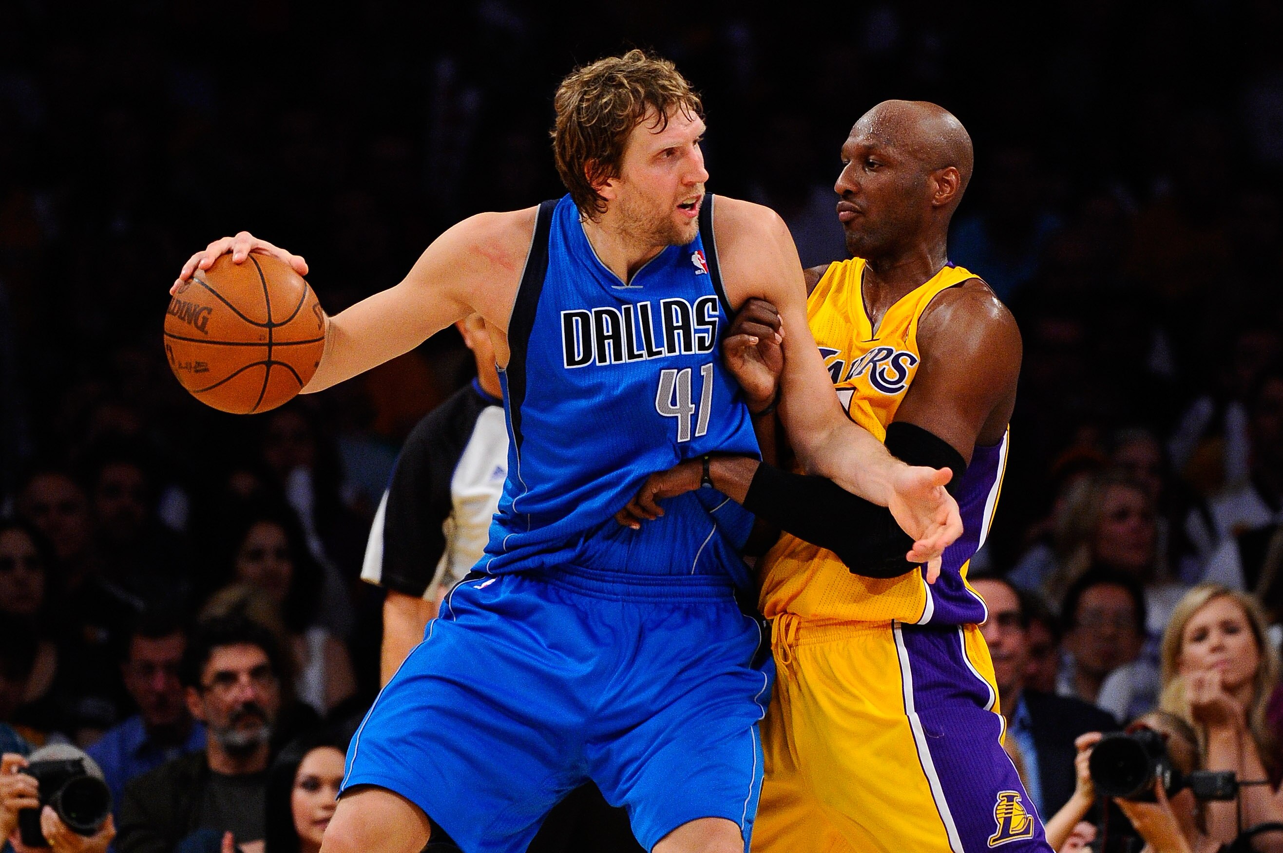 LOS ANGELES, CA - MAY 04:  Dirk Nowitzki #41 of the Dallas Mavericks posts up Lamar Odom #7 of the Los Angeles Lakers in the second half in Game Two of the Western Conference Semifinals in the 2011 NBA Playoffs at Staples Center on May 4, 2011 in Los Ange