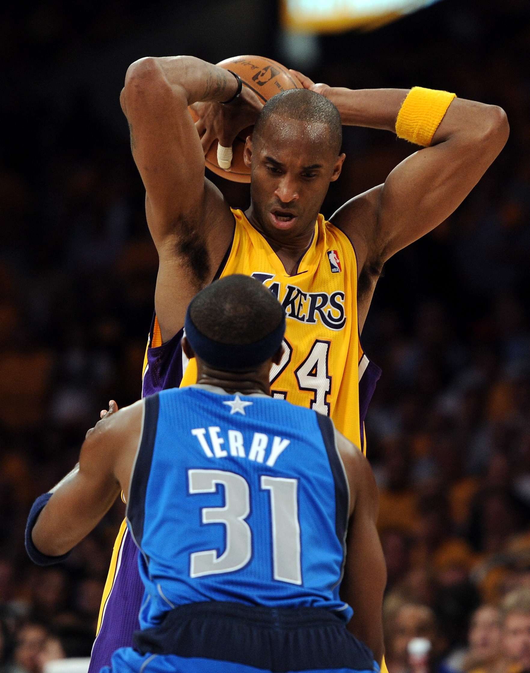 LOS ANGELES, CA - MAY 02:  Kobe Bryant #24 of the Los Angeles Lakers looks down at Jason Terry #31 of the Dallas Mavericks in Game One of the Western Conference Semifinals in the 2011 NBA Playoffs at Staples Center on May 2, 2011 in Los Angeles, Californi