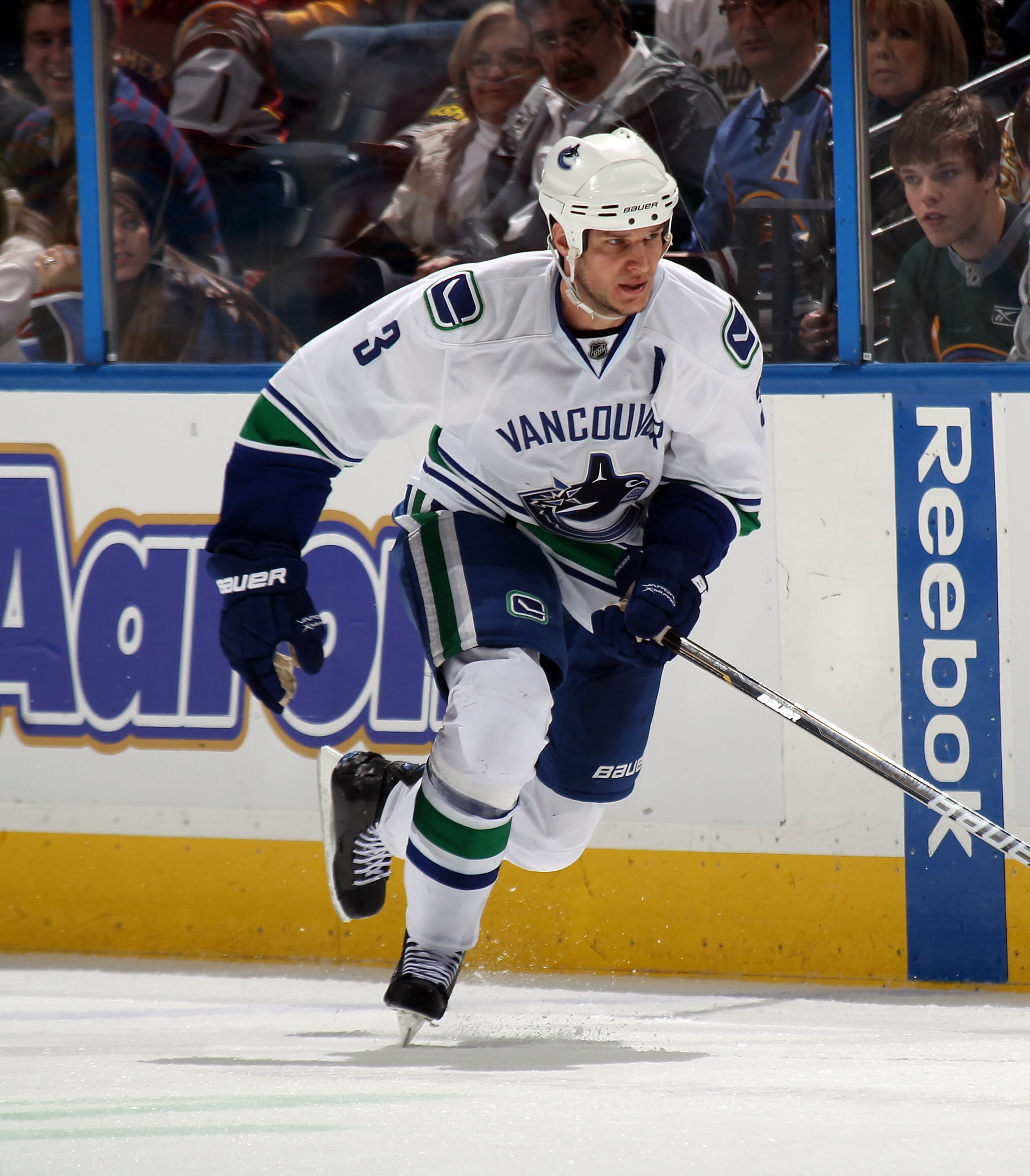ATLANTA, GA - MARCH 25:  Kevin Bieksa #3 of the Vancouver Canucks skates against the Atlanta Thrashers at the Philips Arena on March 25, 2011 in Atlanta, Georgia.  (Photo by Bruce Bennett/Getty Images)