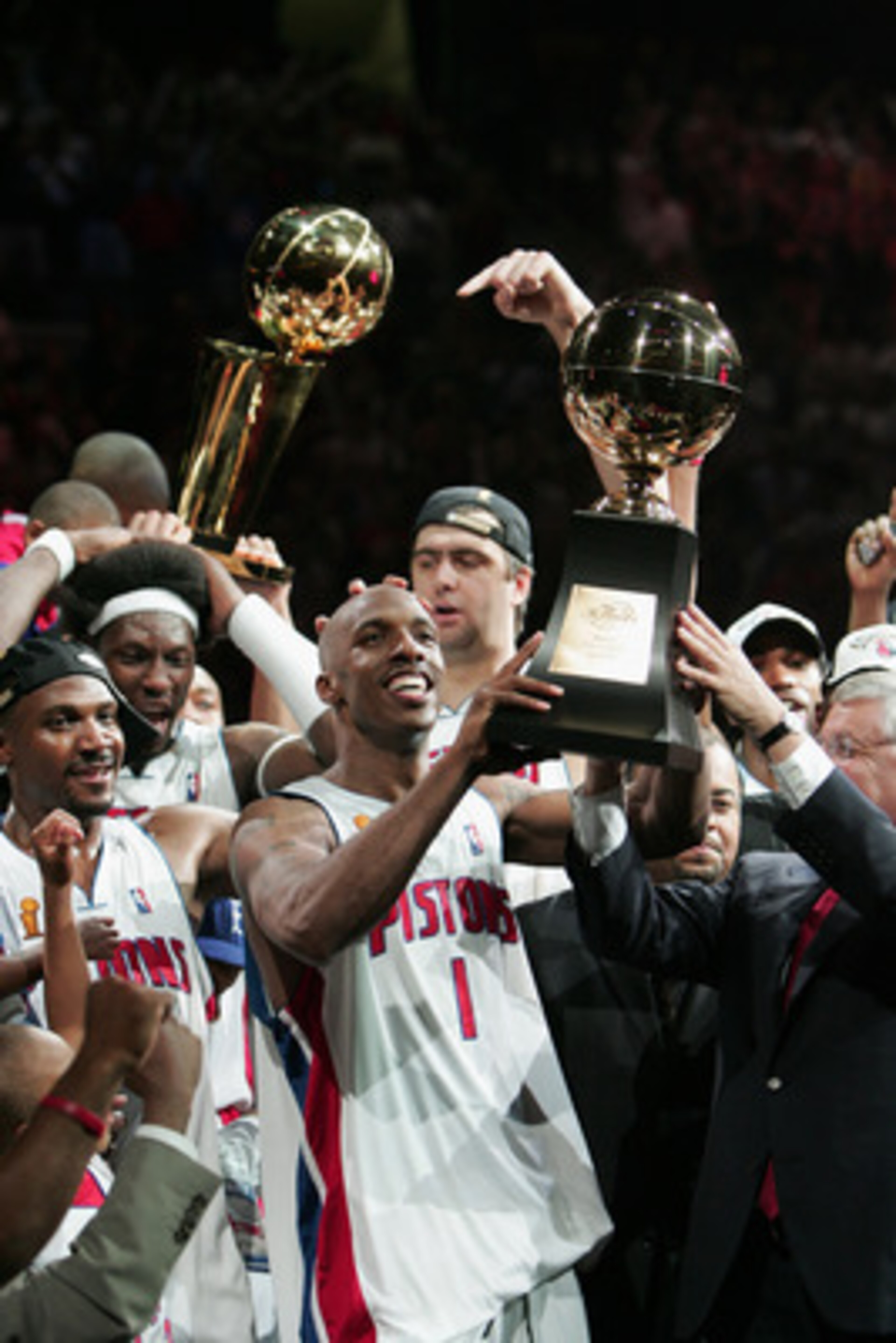 AUBURN HILLS, MI - JUNE 15: Chauncey Billups #1 of the Detroit Pistons smiles after being award the Most Valuable Player trophy after defeating the Los Angeles Lakers in Game 5 of the 2004 NBA Finals at the Palace of Auburn Hills on March 15, 2004 in Au AUBURN HILLS, MI - JUNE 15: Chauncey Billups #1 of the Detroit Pistons smiles after being award the Most Valuable Player trophy after defeating the Los Angeles Lakers in Game 5 of the 2004 NBA Finals at the Palace of Auburn Hills on March 15, 2004 in Au
