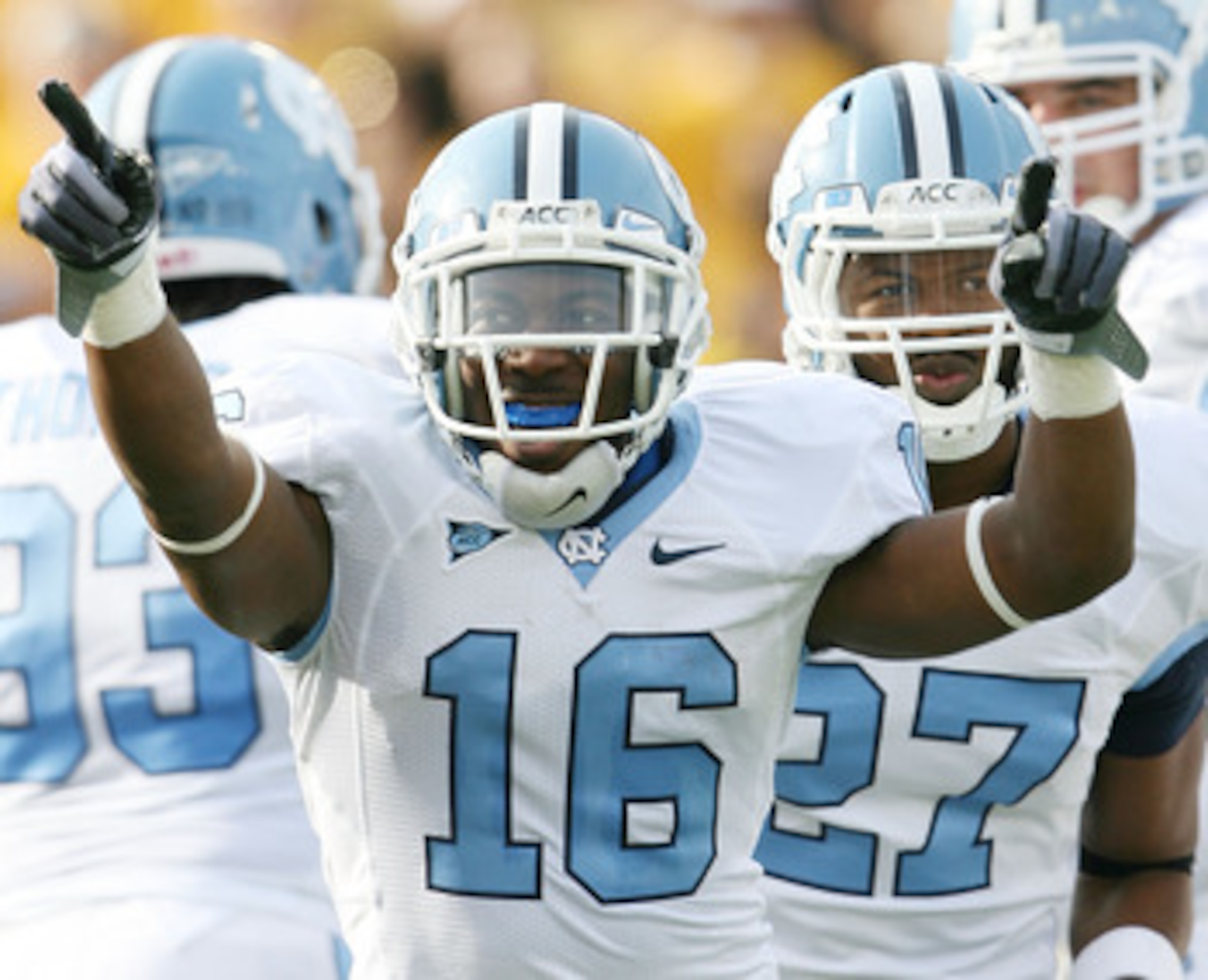 CHESTNUT HILL, MA - NOVEMBER 21: Kendric Burney #16 of the North Carolina Tar Heels celebrates his touchdown in the first quarter against the Boston College Eagles on November 21, 2009 at Alumni Stadium in Chestnut Hill, Massachusetts. (Photo by Elsa/Ge CHESTNUT HILL, MA - NOVEMBER 21: Kendric Burney #16 of the North Carolina Tar Heels celebrates his touchdown in the first quarter against the Boston College Eagles on November 21, 2009 at Alumni Stadium in Chestnut Hill, Massachusetts. (Photo by Elsa/Ge
