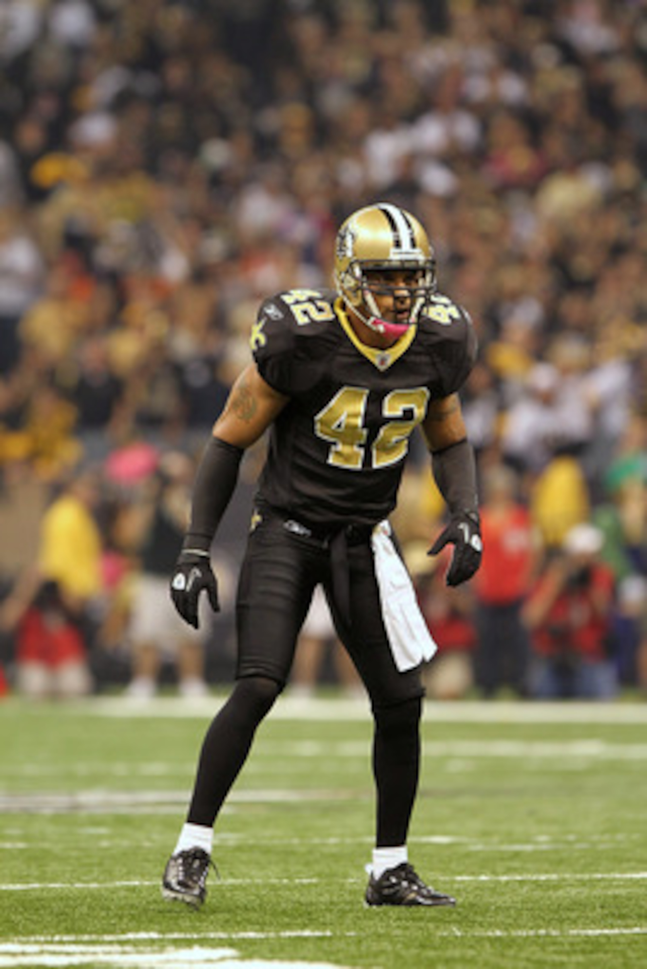 NEW ORLEANS, LA - OCTOBER 31: Darren Sharper #42 of the New Orleans Saints in action during the game against the Pittsburgh Steelers at the Louisiana Superdome on October 31, 2010 in New Orleans, Louisiana. (Photo by Matthew Sharpe/Getty Images)
