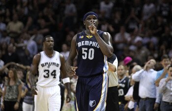 SAN ANTONIO, TX - APRIL 27:  Zach Randolph #50 of the Memphis Grizzlies gestures to the crowd near the end of regulation against the San Antionio Spurs in Game Five of the Western Conference Quarterfinals in the 2011 NBA Playoffs on April 27, 2011 at AT&T