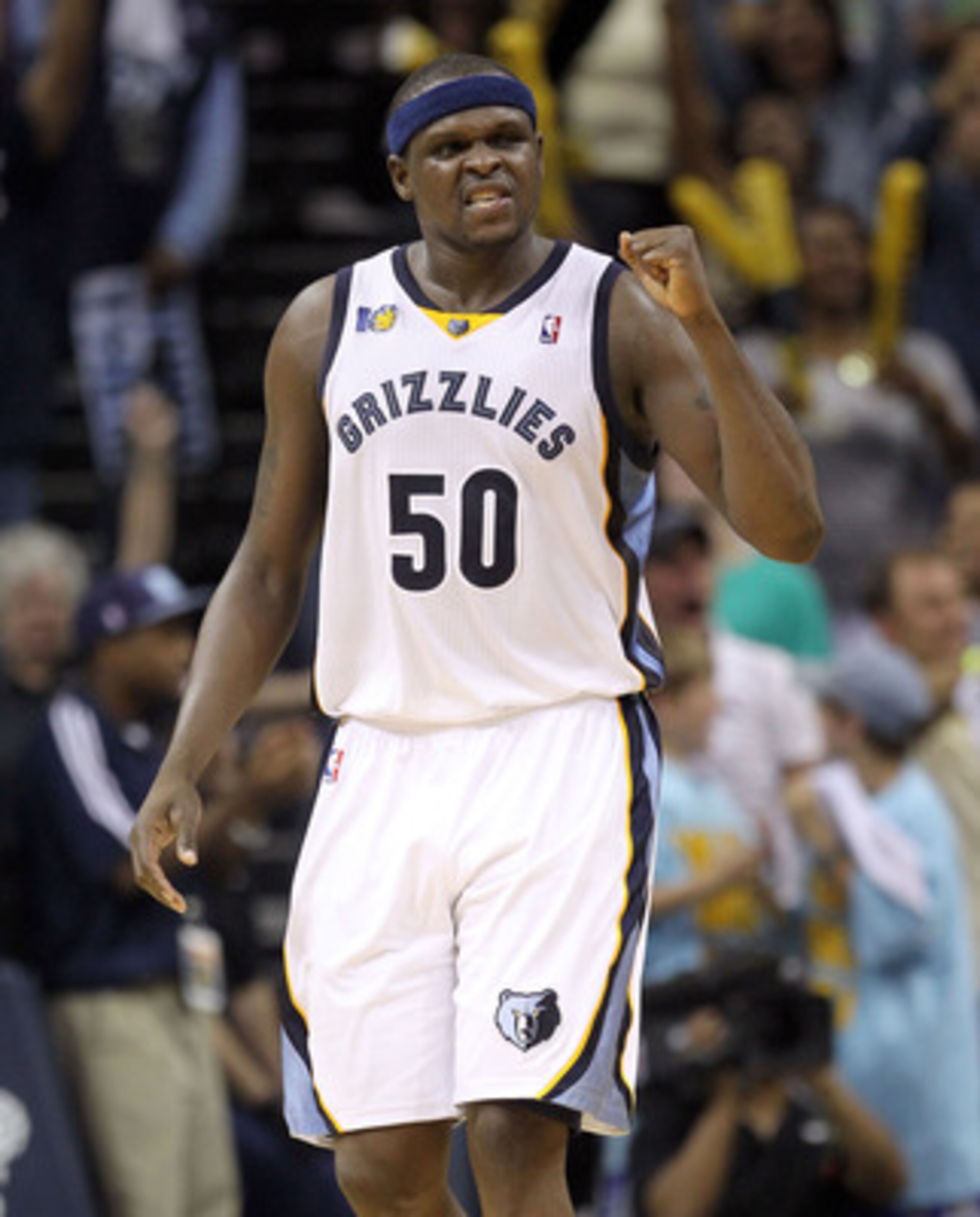 MEMPHIS, TN - APRIL 29:  Zach Randolph #50 of the Memphis Grizzlies celebrates during the Grizzlies 99-91 win over the San Antonio Spurs  in Game Six of the Western Conference Quarterfinals in the 2011 NBA Playoffs at FedExForum on April 29, 2011 in Memph