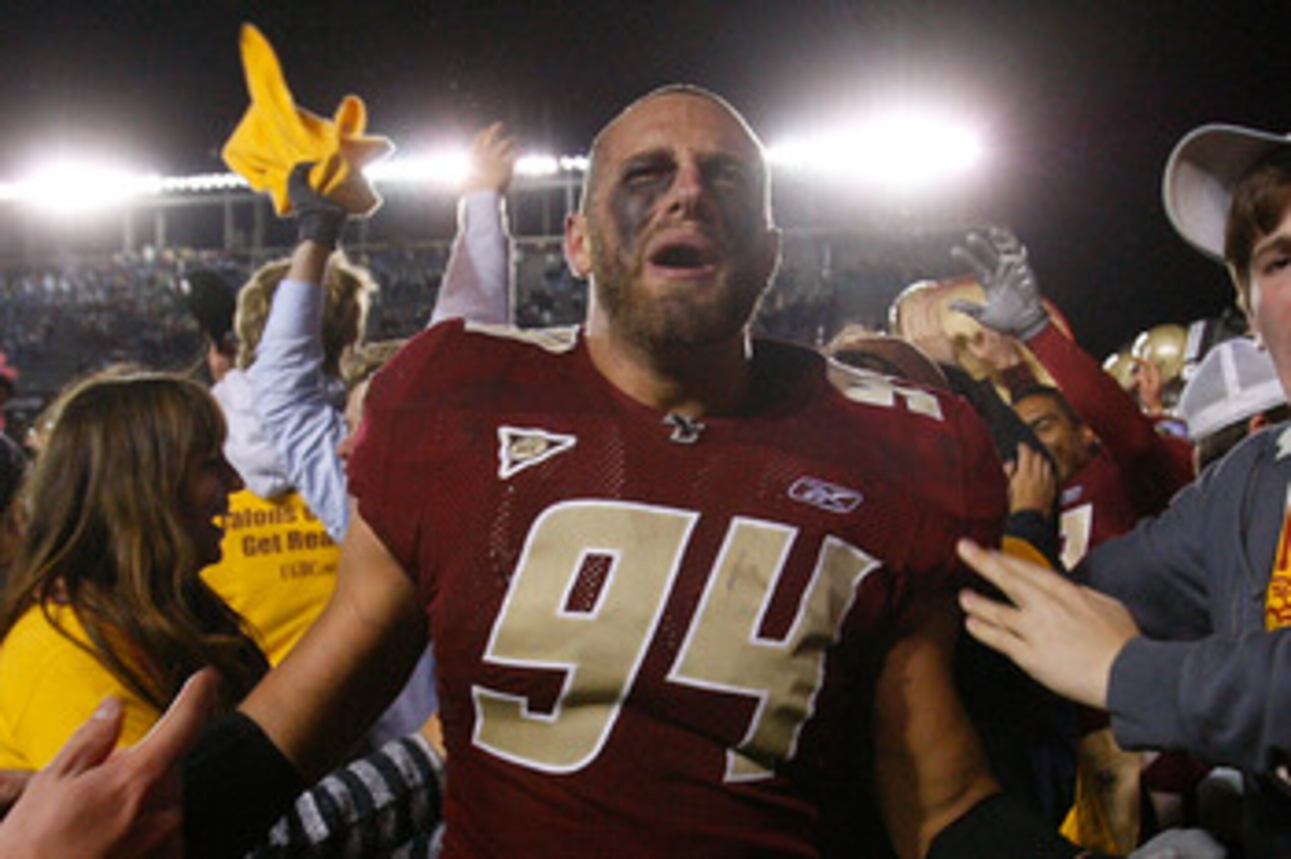 CHESTNUT HILL, MA - OCTOBER 18:  Mark Herzlich #94 of the Boston College Eagles celebrates after defeating the Virginia Tech Hokies, 28-23 on October 18, 2008 at Alumni Stadium in Chestnut Hill, Massachusetts.  (Photo by Jim Rogash/Getty Images)