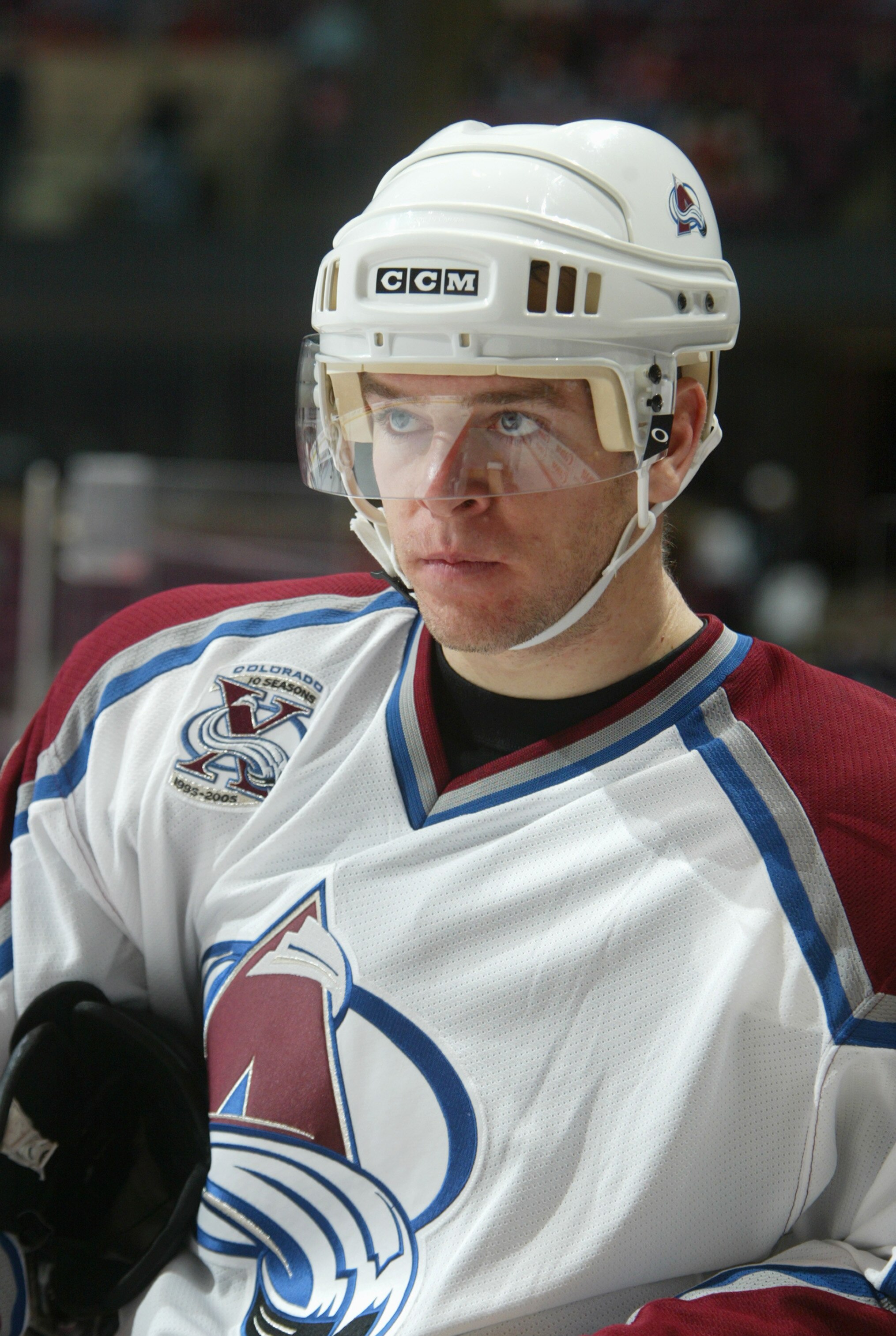 EAST RUTHERFORD, NJ - DECEMBER 9: Alex Tanguay #18 of the Colorado Avalanche looks on during the game against the New Jersey Devils on December 9, 2005 at Continental Airlines Arena in East Rutherford, New Jersey.The Avs defeated the Devils 4-3 after a sh