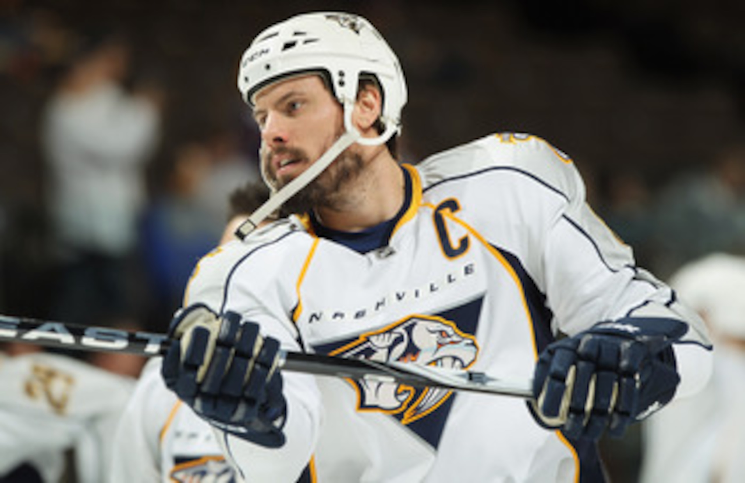 DENVER, CO - MARCH 31:  Shea Weber #6 of the Nashville Predators warms up prior to facing the Colorado Avalanche at the Pepsi Center on March 31, 2011 in Denver, Colorado. Rinne had 27 saves as the Nashville Predators defeated the Colorado Avalanche 3-2. 