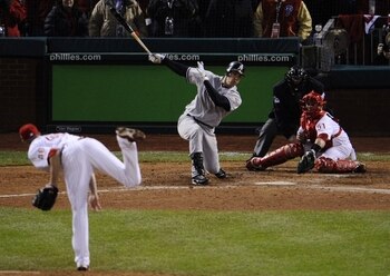 PHILADELPHIA - NOVEMBER 02:  Mark Teixeira #25 of the New York Yankees strikes out against pitcher Ryan Madson #46 of the Philadelphia Phillies to end Game Five of the 2009 MLB World Series at Citizens Bank Park on November 2, 2009 in Philadelphia, Pennsy