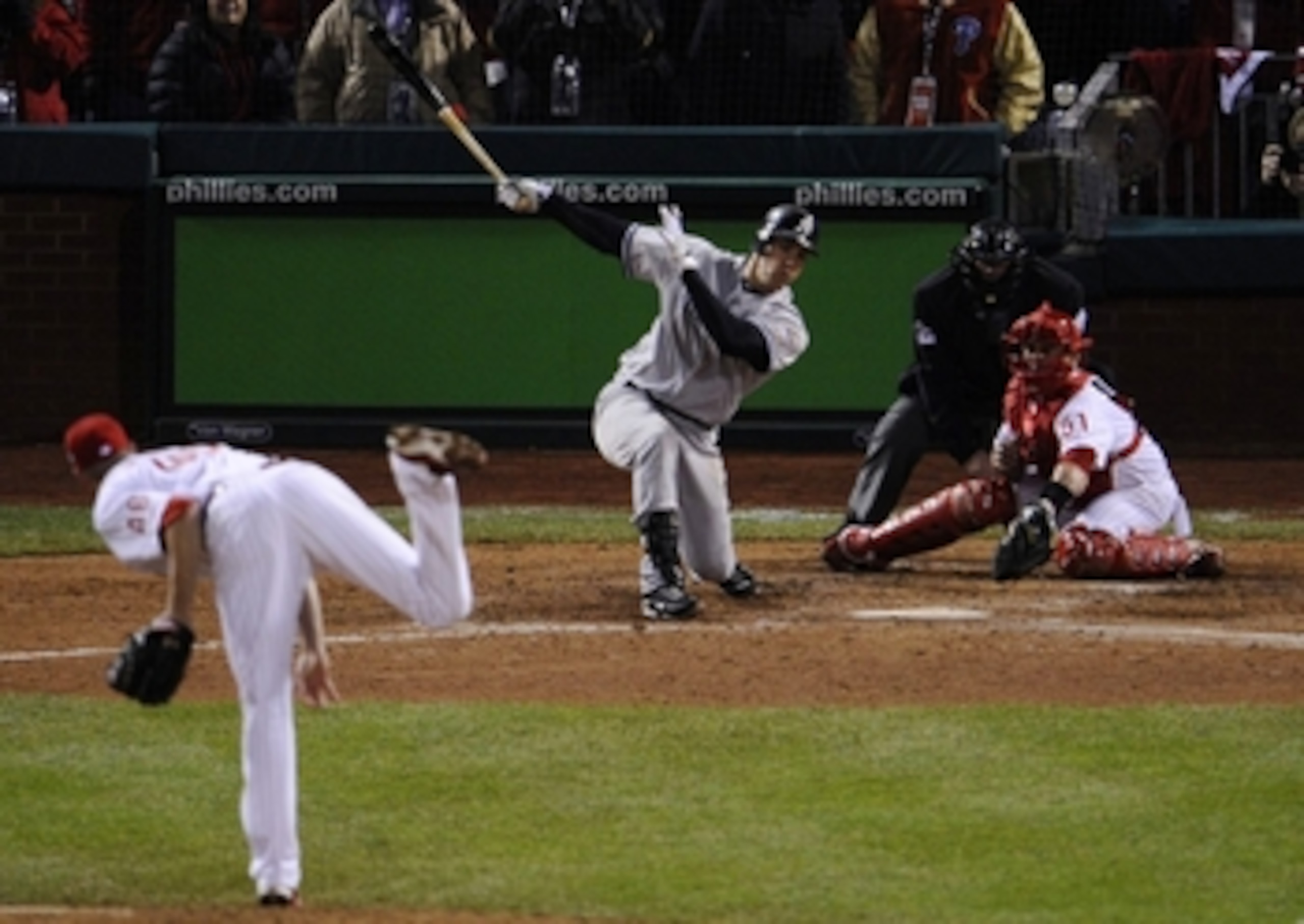 PHILADELPHIA - NOVEMBER 02:  Mark Teixeira #25 of the New York Yankees strikes out against pitcher Ryan Madson #46 of the Philadelphia Phillies to end Game Five of the 2009 MLB World Series at Citizens Bank Park on November 2, 2009 in Philadelphia, Pennsy