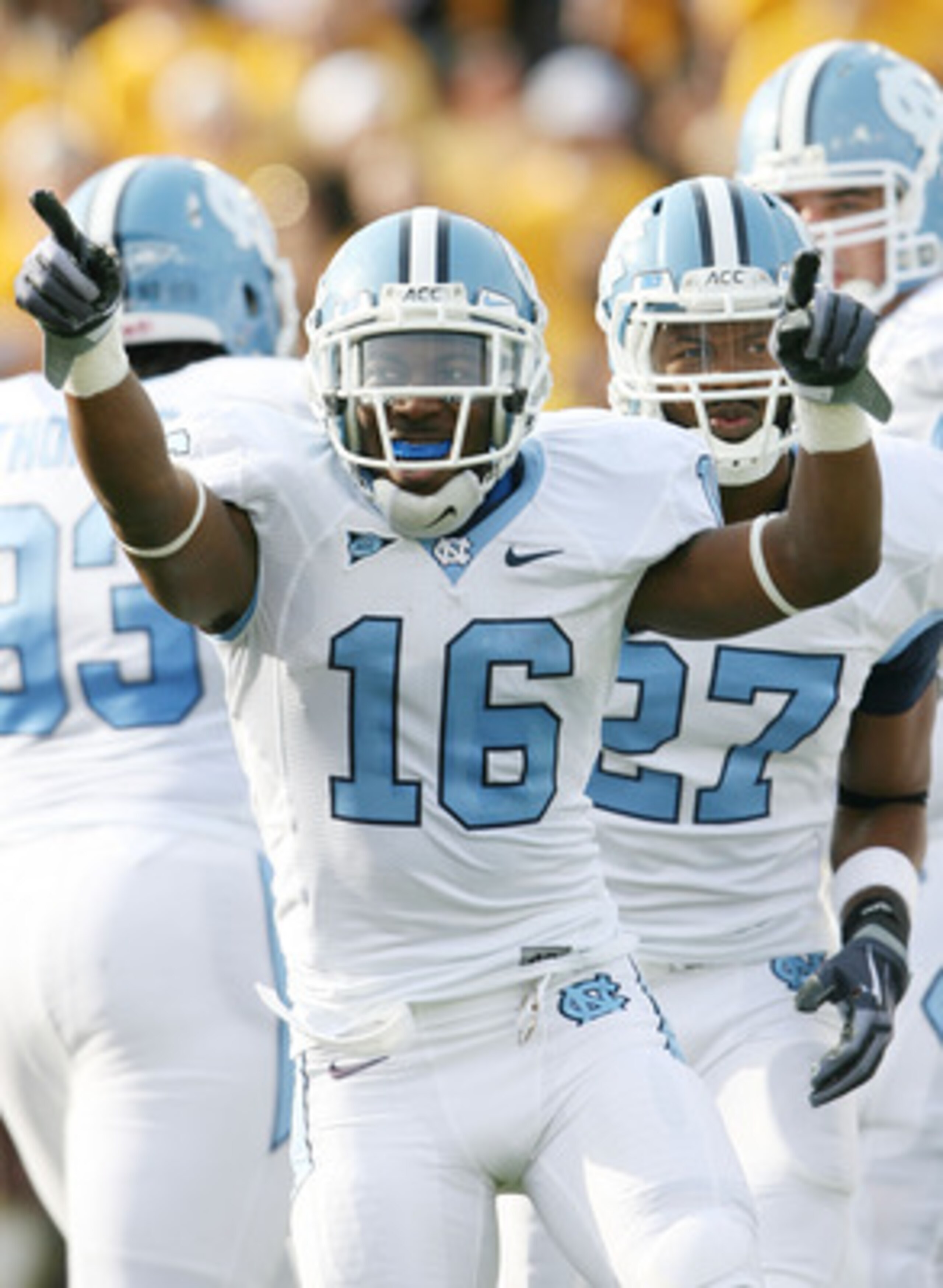 CHESTNUT HILL, MA - NOVEMBER 21:  Kendric Burney #16 of the North Carolina Tar Heels celebrates his touchdown in the first quarter against the Boston College Eagles on November 21, 2009 at Alumni Stadium in Chestnut Hill, Massachusetts.  (Photo by Elsa/Ge