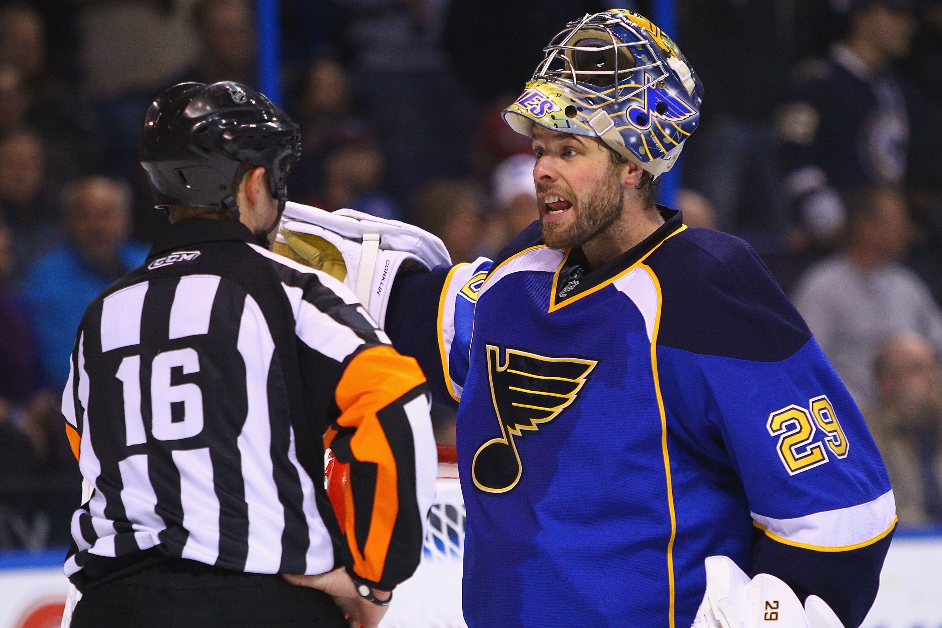 ST. LOUIS, MO - FEBRUARY 22: Ty Conklin #29 of the St. Louis Blues argues with an official over an uncalled penalty  while playing against the Colorado Avalanche at the Scottrade Center on February 22, 2011 in St. Louis, Missouri.  (Photo by Dilip Vishwan