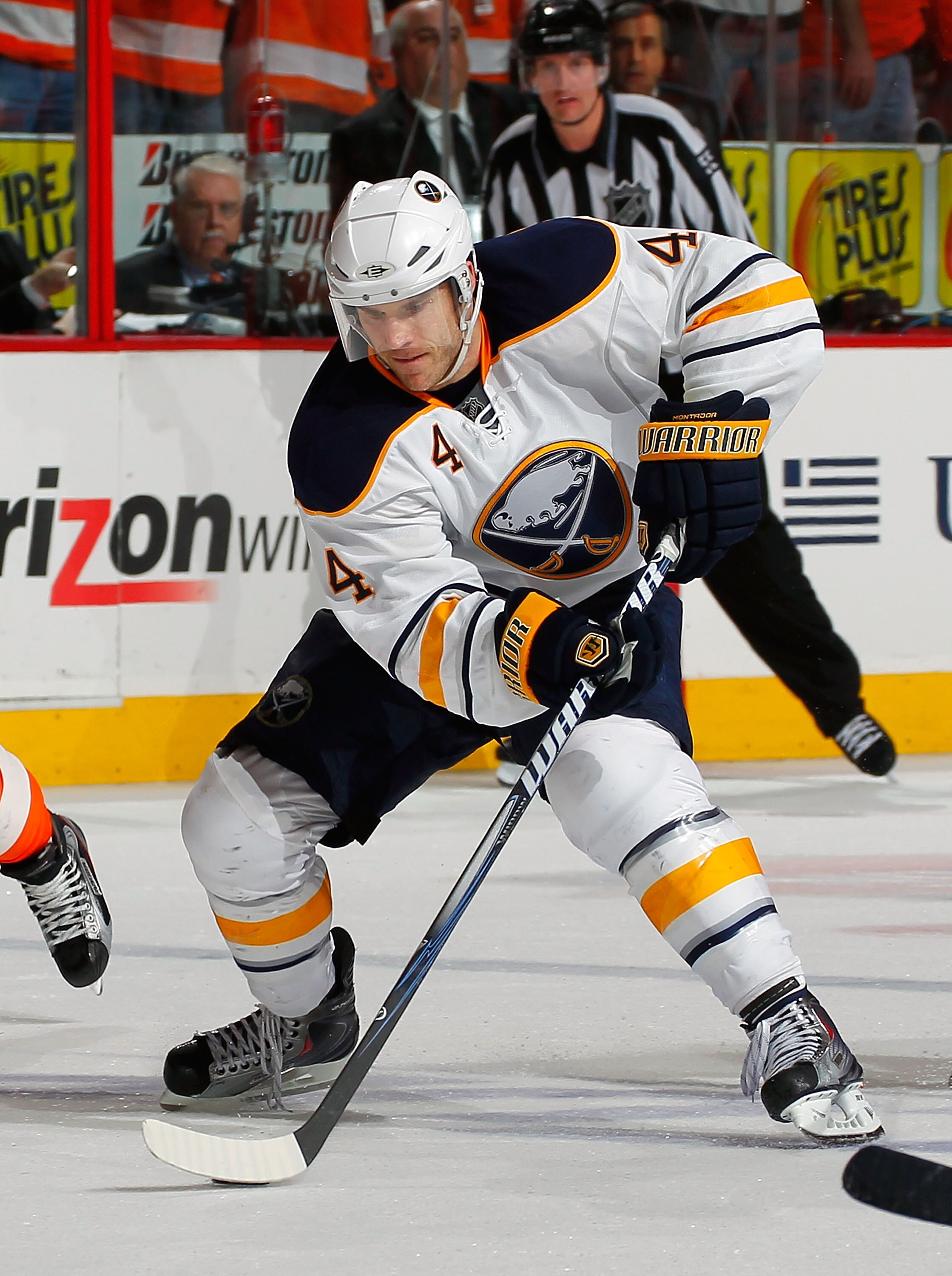 PHILADELPHIA, PA - APRIL 16:  Steve Montador #4 of the Buffalo Sabres skates against the Philadelphia Flyers in Game Two of the Eastern Conference Quarterfinals during the 2011 NHL Stanley Cup Playoffs at Wells Fargo Center on April 16, 2011 in Philadelph