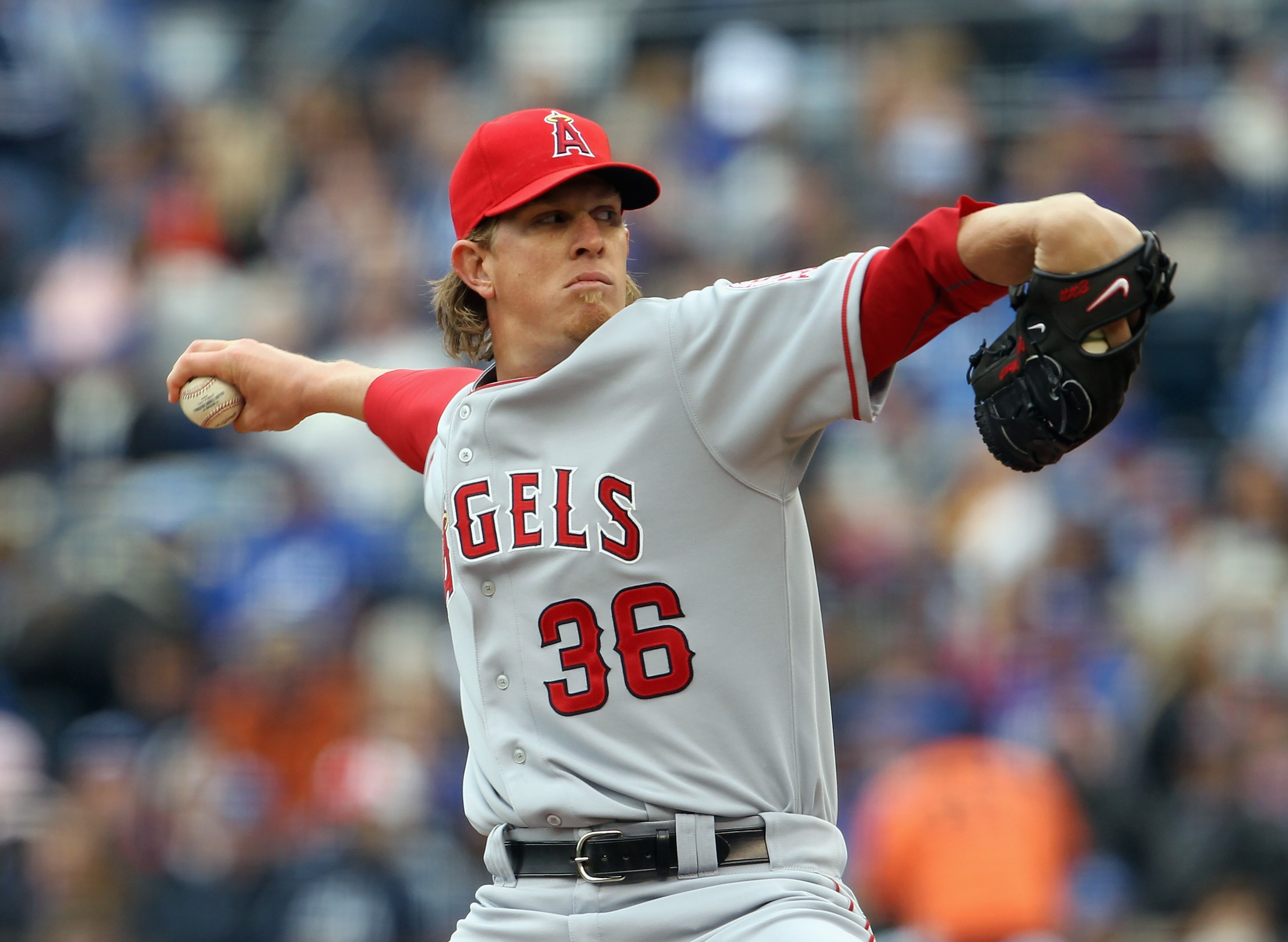 KANSAS CITY, MO - MARCH 31: Starting pitcher Jered Weaver #36 of the Los Angeles Angels of Anaheim delivers his first pitch during the 1st inning of the opening day game against the Kansas City Royals at Kauffman Stadium on March 31, 2011 in Kansas City, KANSAS CITY, MO - MARCH 31: Starting pitcher Jered Weaver #36 of the Los Angeles Angels of Anaheim delivers his first pitch during the 1st inning of the opening day game against the Kansas City Royals at Kauffman Stadium on March 31, 2011 in Kansas City,