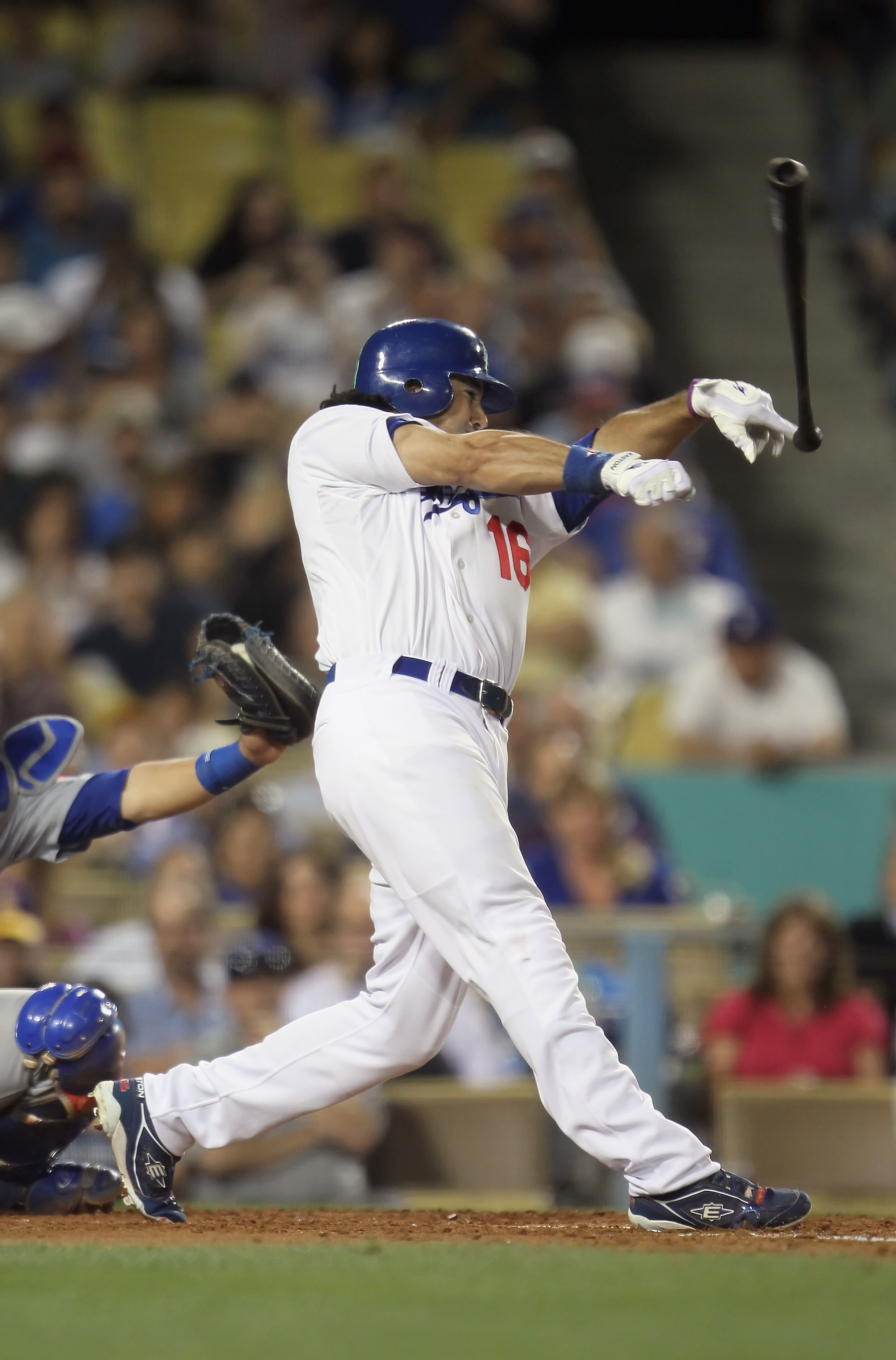 LOS ANGELES, CA - MAY 03: Andre Ethier #16 of the Los Angeles Dodgers swings and loses his bat in the fourth inning against the Chicago Cubs at Dodger Stadium on May 3, 2011 in Los Angeles, California. The Cubs defeated the Dodgers 4-1. (Photo by Jeff G LOS ANGELES, CA - MAY 03: Andre Ethier #16 of the Los Angeles Dodgers swings and loses his bat in the fourth inning against the Chicago Cubs at Dodger Stadium on May 3, 2011 in Los Angeles, California. The Cubs defeated the Dodgers 4-1. (Photo by Jeff G