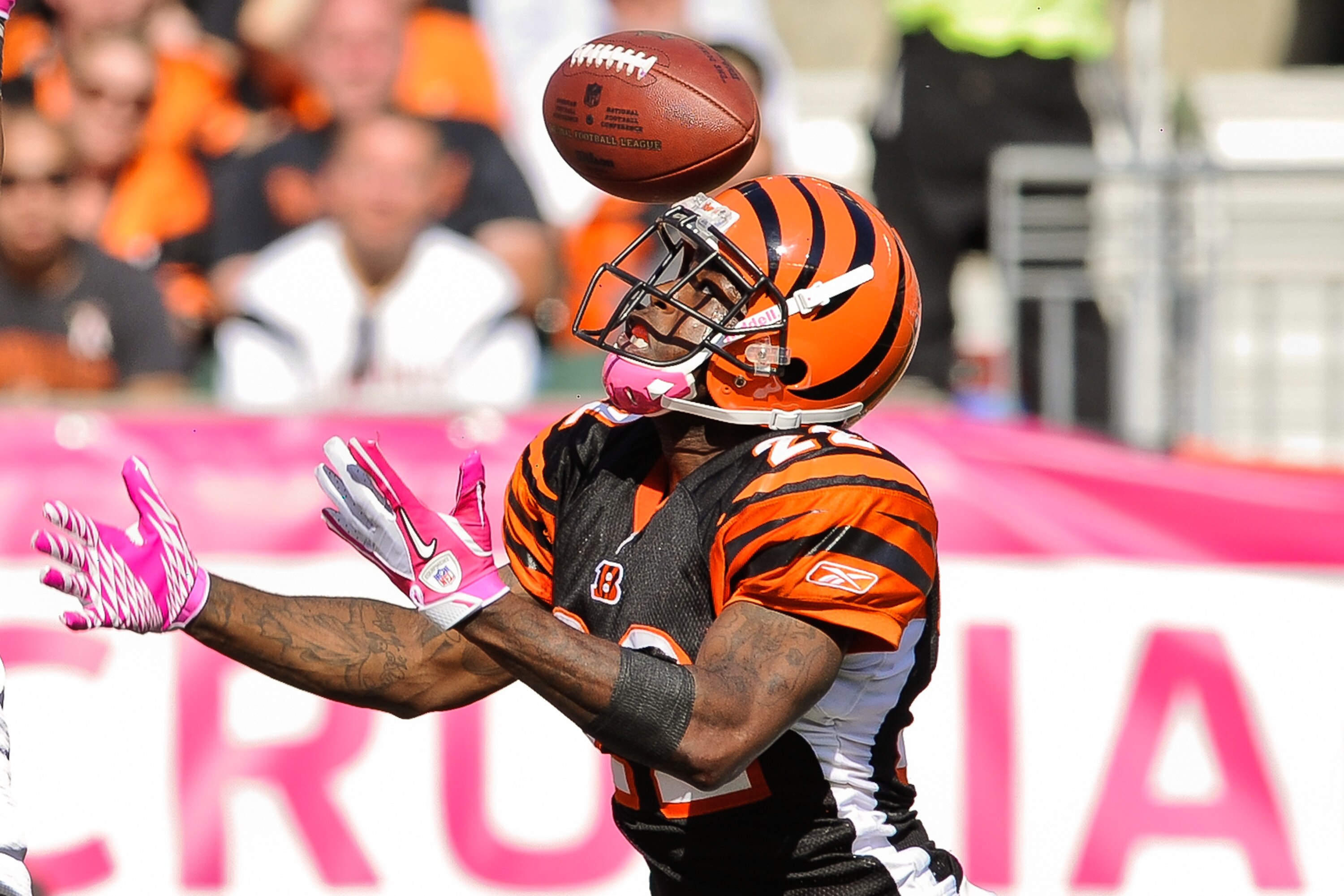 CINCINNATI, OH - OCTOBER 10: Johnathan Joseph #22 of the Cincinnati Bengals breaks up a pass intended for the Tampa Bay Buccaneers at Paul Brown Stadium on October 10, 2010 in Cincinnati, Ohio. (Photo by Jamie Sabau/Getty Images)