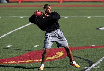 SAN DIEGO, CA - FEBRUARY 10: 2010 Heisman Trophy winning quarterback Cam Newton of Auburn throws the ball during his workout routine for the media at Cathedral High School's sports stadium on February 10, 2011 in San Diego, California. (Photo by Kent Horn
