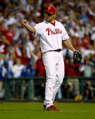 PHILADELPHIA - OCTOBER 08:  Brad Lidge #54 of the Philadelphia Phillies celebrates the win over the Cincinnati Reds in Game 2 of the NLDS at Citizens Bank Park on October 8, 2010 in Philadelphia, Pennsylvania.  (Photo by Jeff Zelevansky/Getty Images)