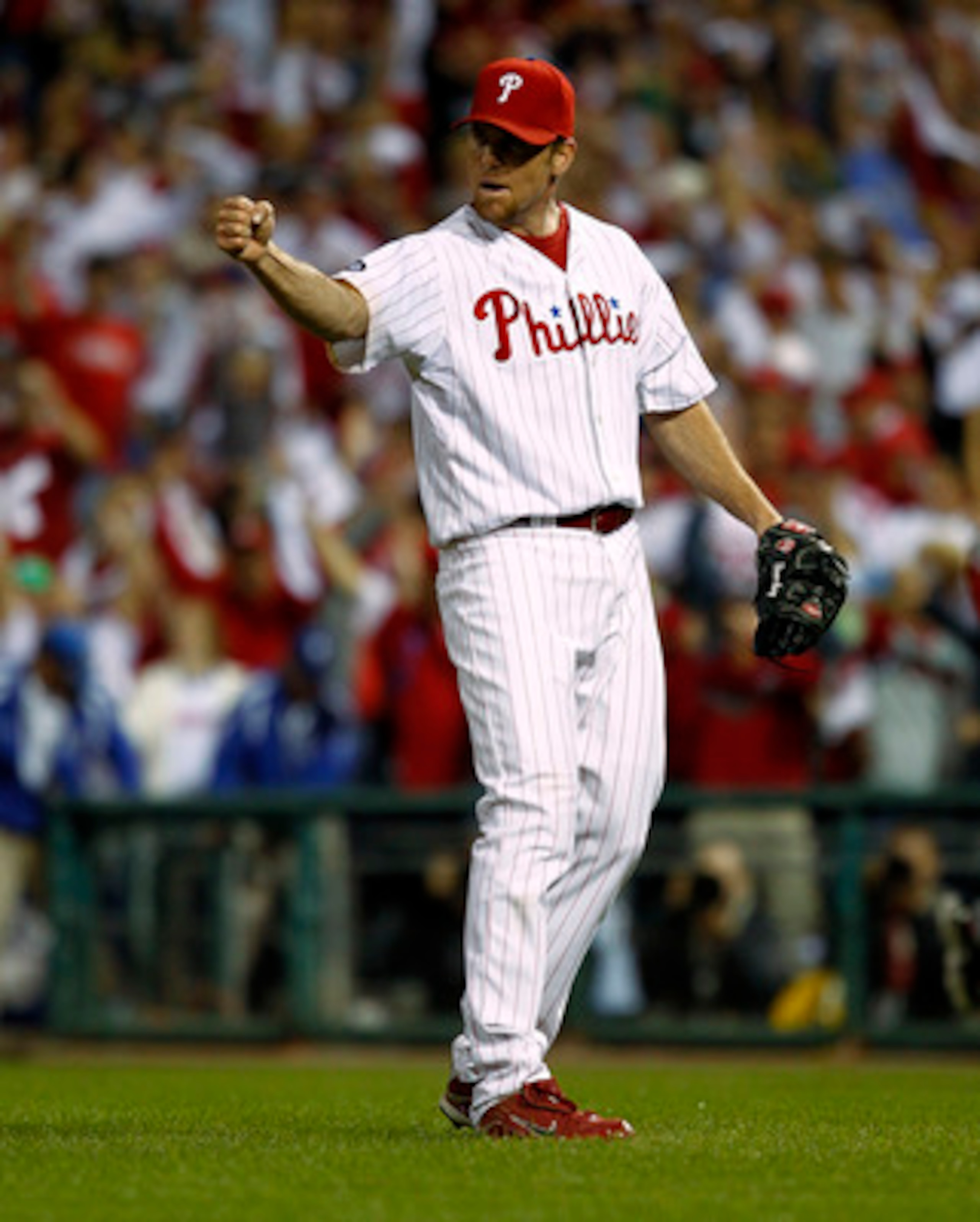 PHILADELPHIA - OCTOBER 08:  Brad Lidge #54 of the Philadelphia Phillies celebrates the win over the Cincinnati Reds in Game 2 of the NLDS at Citizens Bank Park on October 8, 2010 in Philadelphia, Pennsylvania.  (Photo by Jeff Zelevansky/Getty Images)