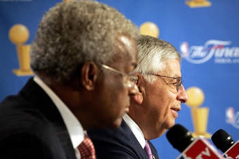 SAN ANTONIO - JUNE 21:  (L-R) Billy Hunter, President of the NBA Players Association and NBA commissioner David Stern speak at a press conference to announce that the NBA and the NBA Players Association have agreed in principal on a new 6-year Collective